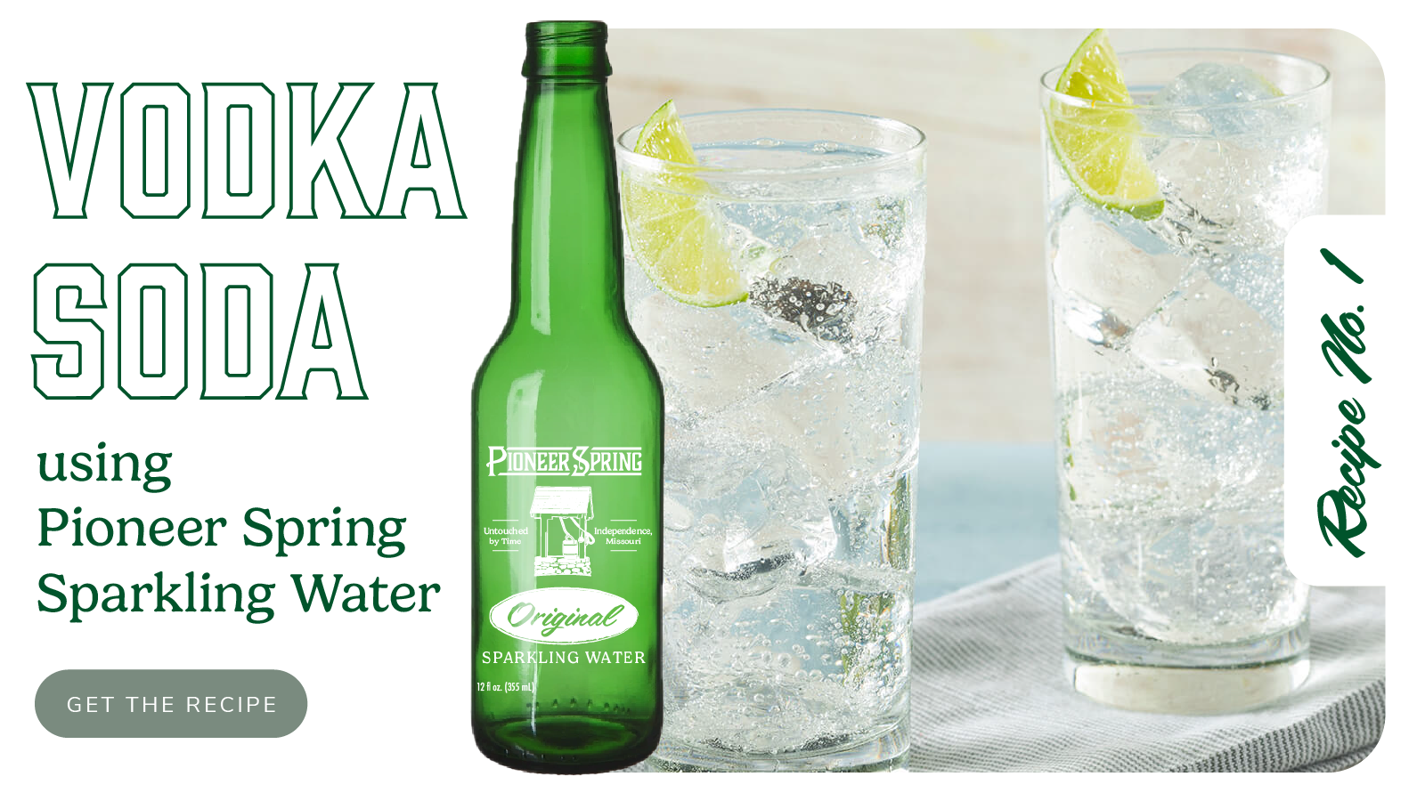 Social image showing a Pioneer Springs Sparkling Water bottle next to two glasses of vodka sodas.