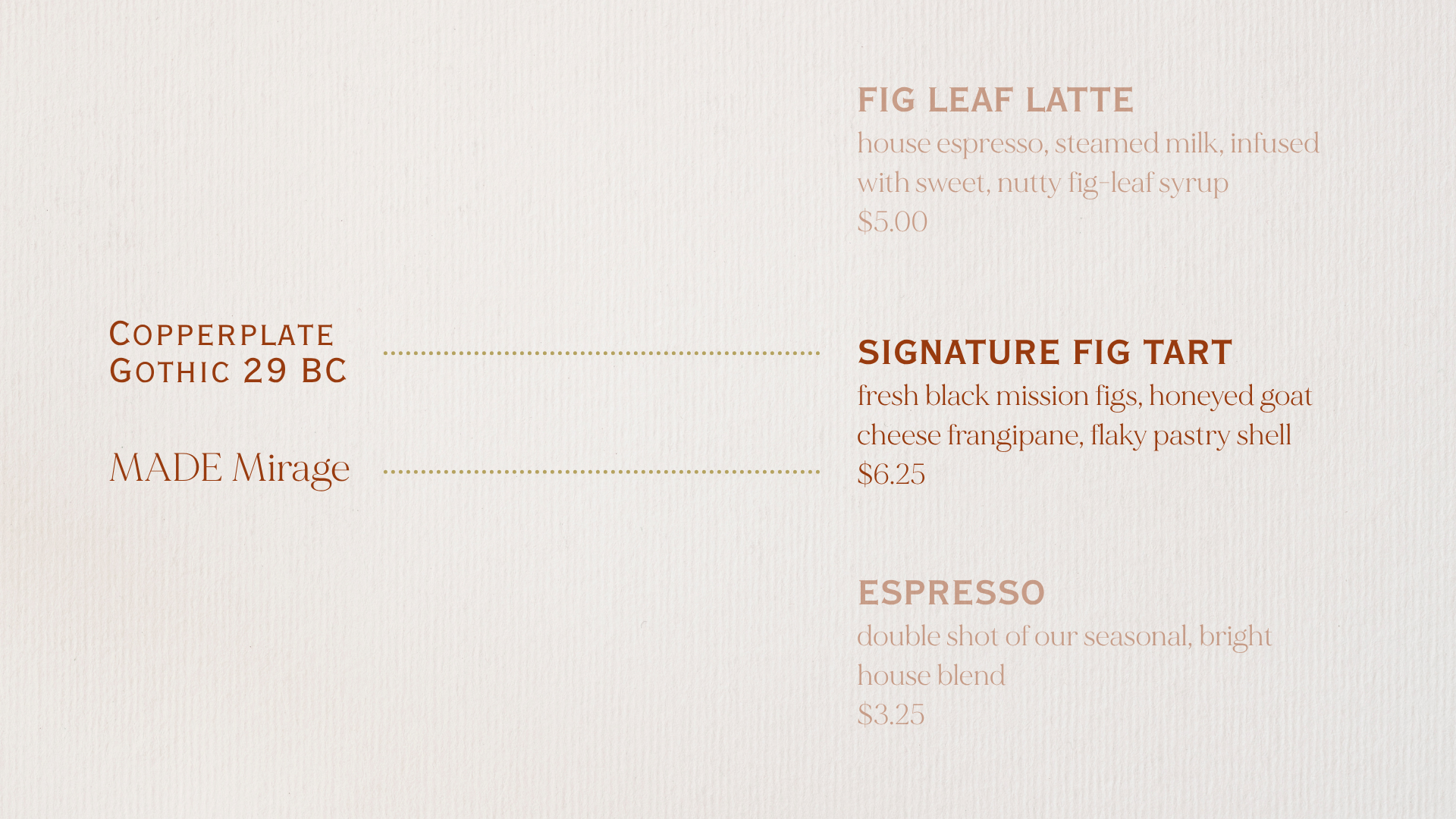 Menu typography callout of fonts
