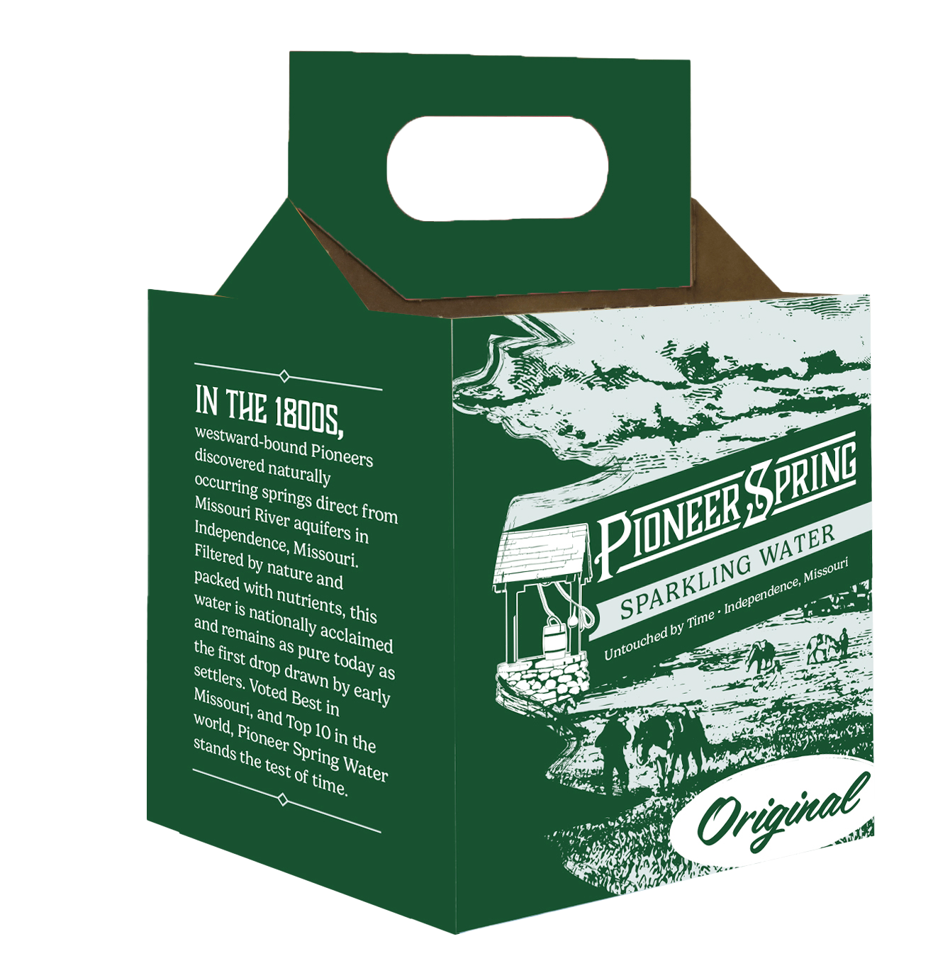 Cardboard bottle case to carry 4 Pioneer Spring Sparkling Water bottles with custom illustration on front.