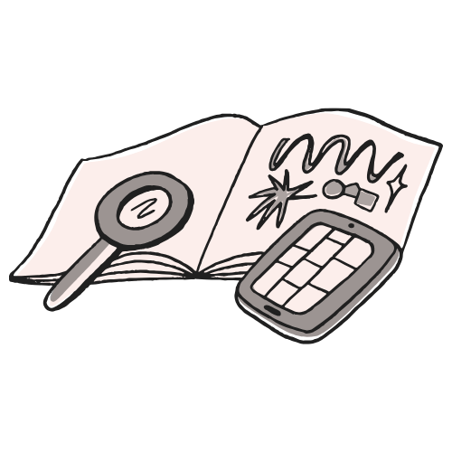 illustration of a notebook with doodles, a magnifying glass, and phone