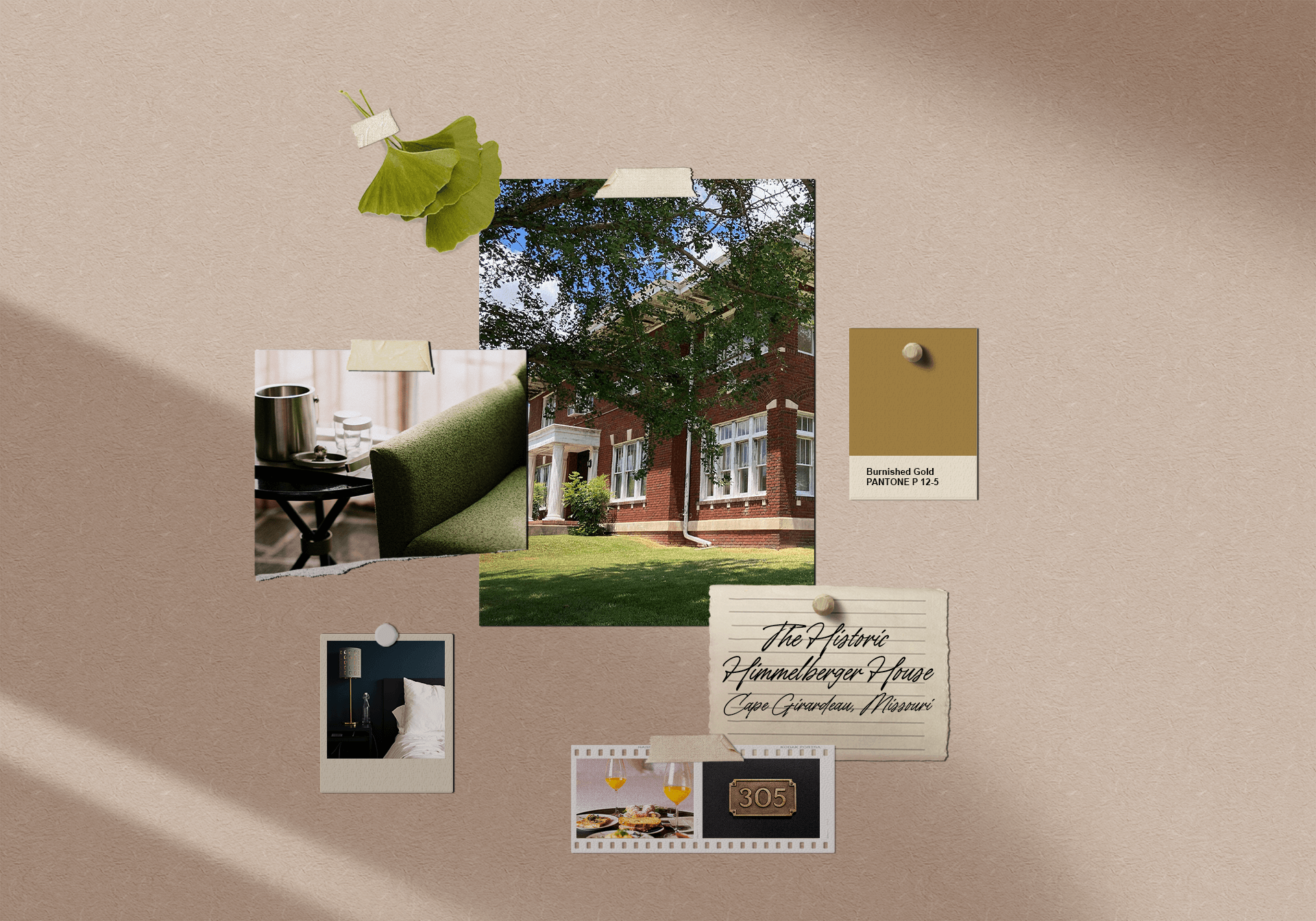 Moodboard showing pinned images of an old brick hotel, ginko leaves, notebook paper, and a gold swatch.