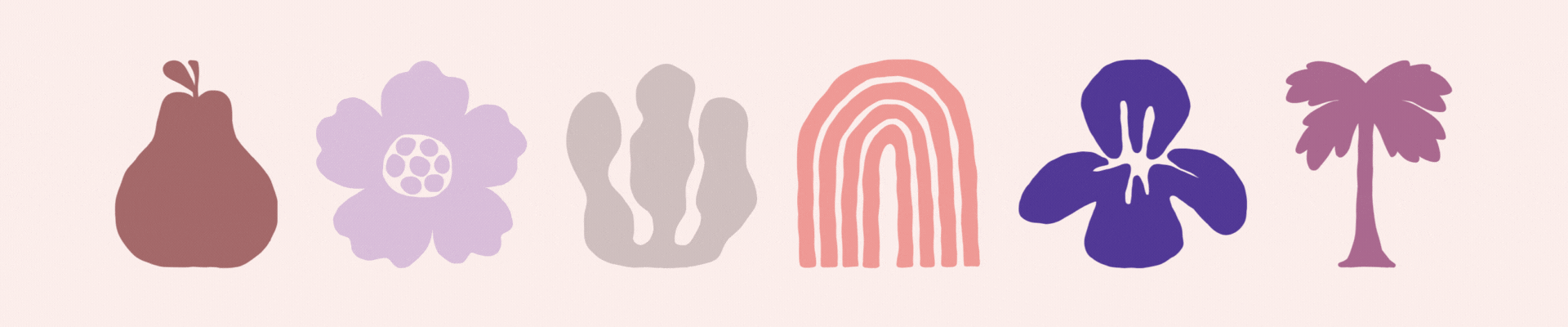 Carved graphics of a rainbow, palm tree, orchid, pear, coral, and flower rotate out.