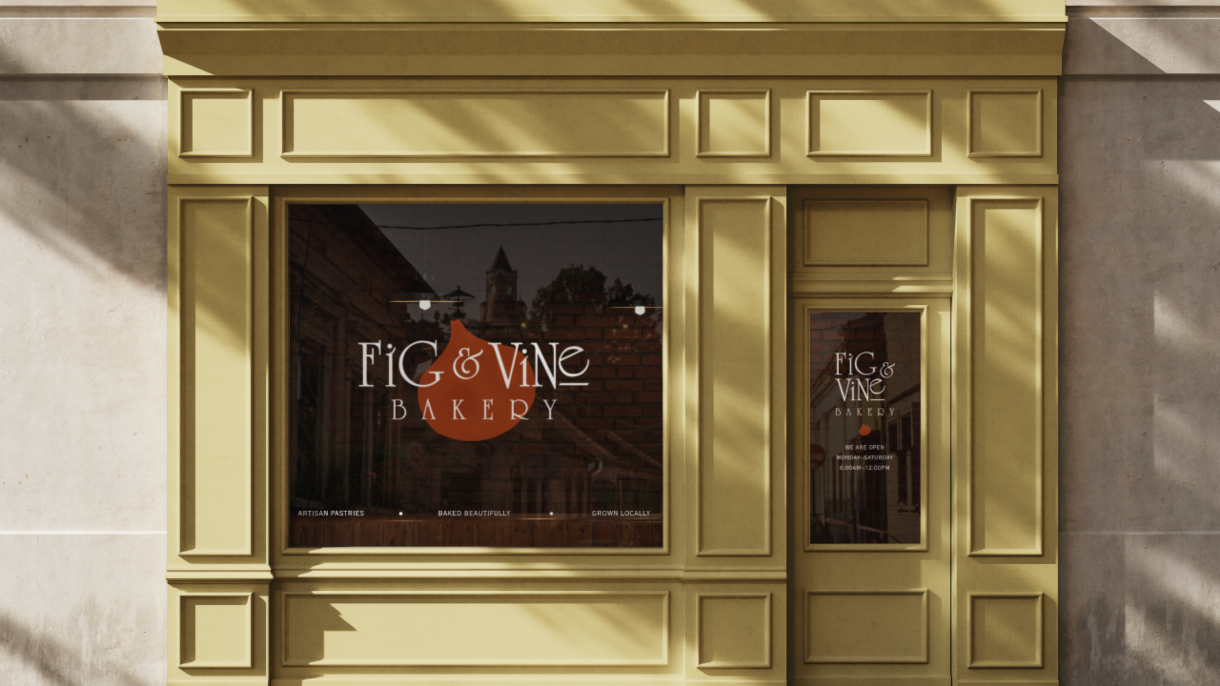 Green cafe storefront with Fig & Vine logo in window