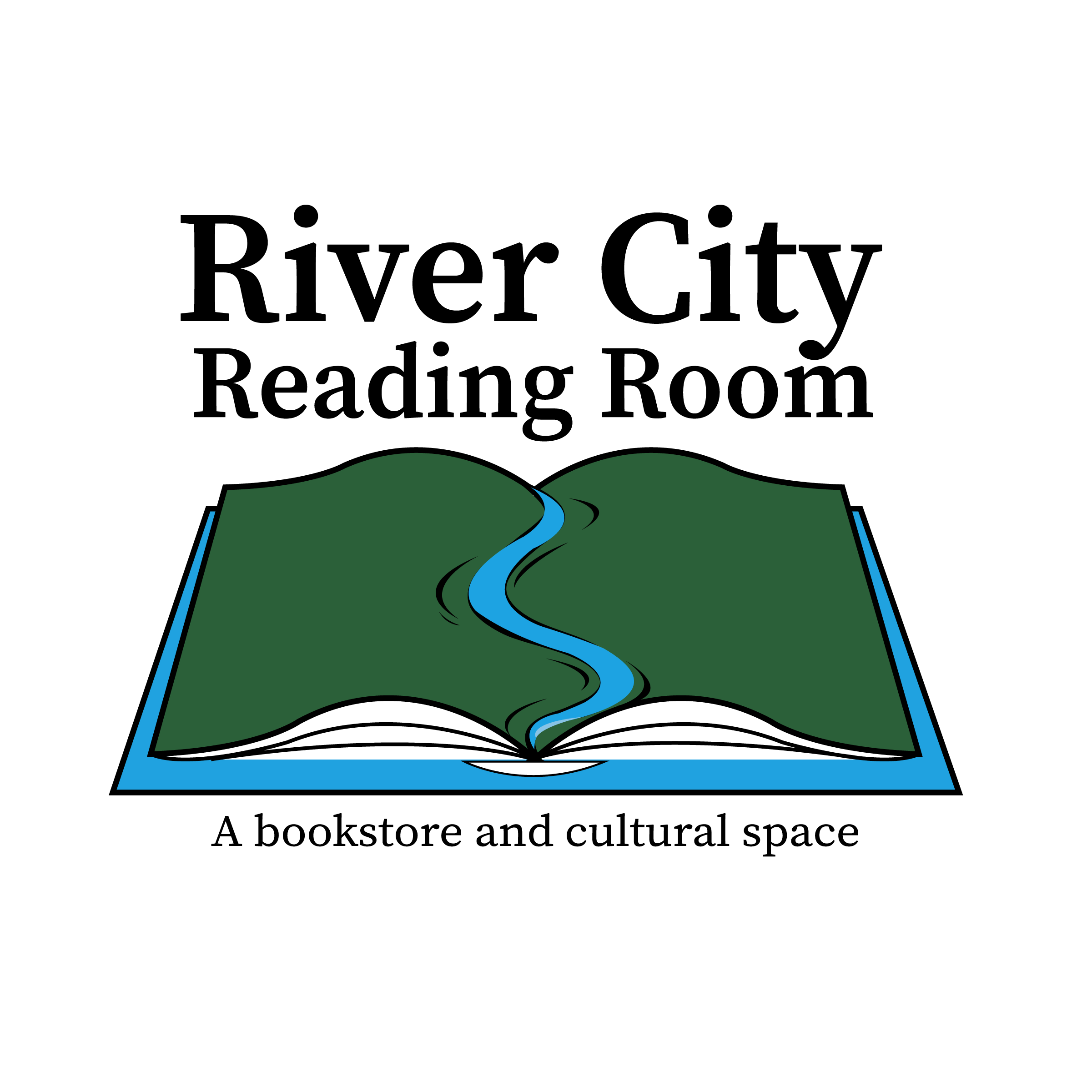 Open book with a green map-like illustration and a blue river flowing through it.