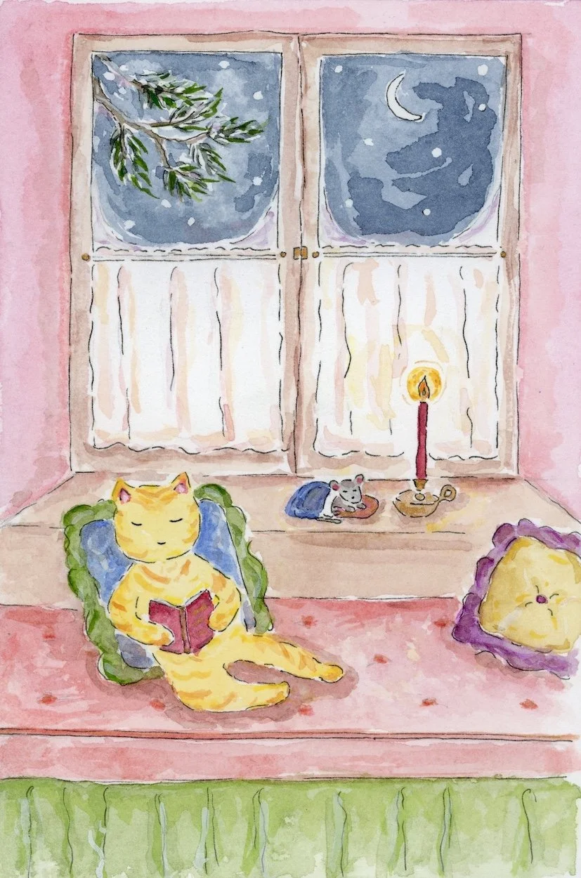 Clementine Reads to Faison on a Snowy Winter's Night, 2024. 6” x 4”. 