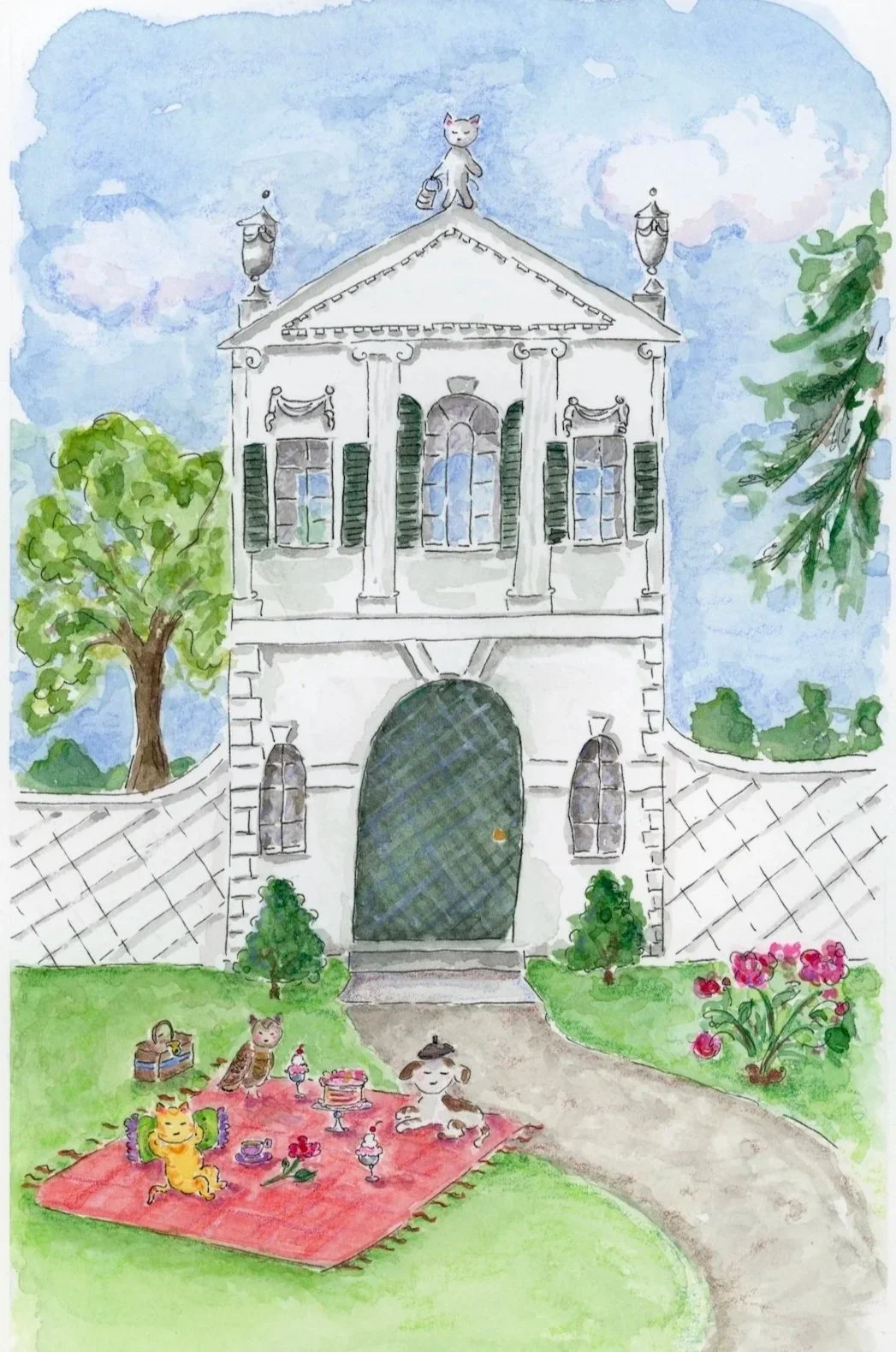 Clementine, Reynard and Frago Picnic on the Lawn of The Derby Summer House, designed in 1793 by S. McIntire, 2025. 9” x 6”. 
