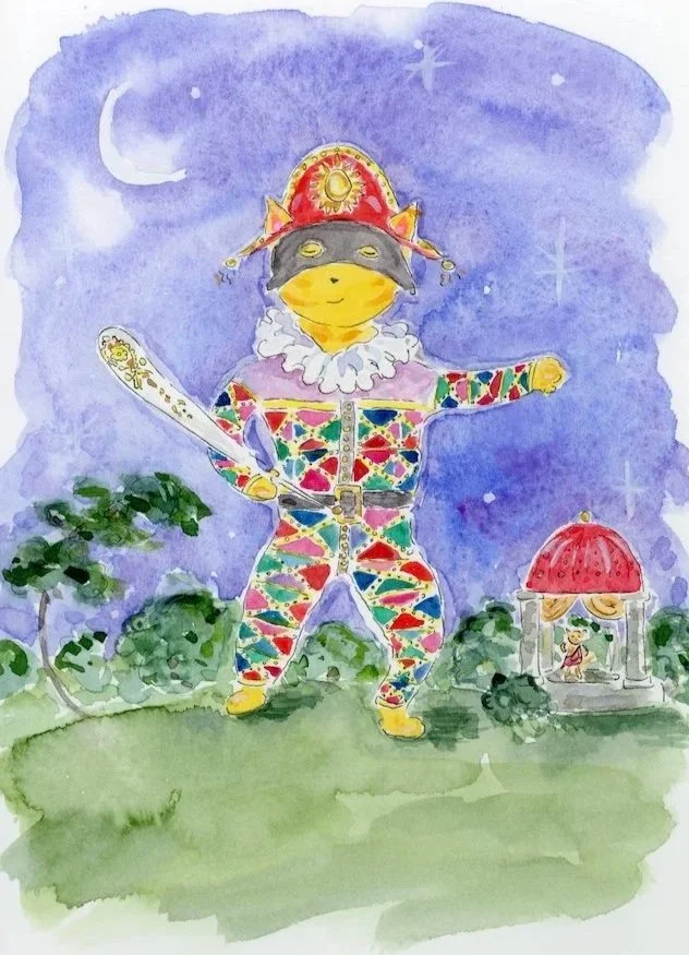 Clementine as Harlequin, after a print published by J.L. Marks, London (1822/1839). 
 7” x 5”. 2024. 