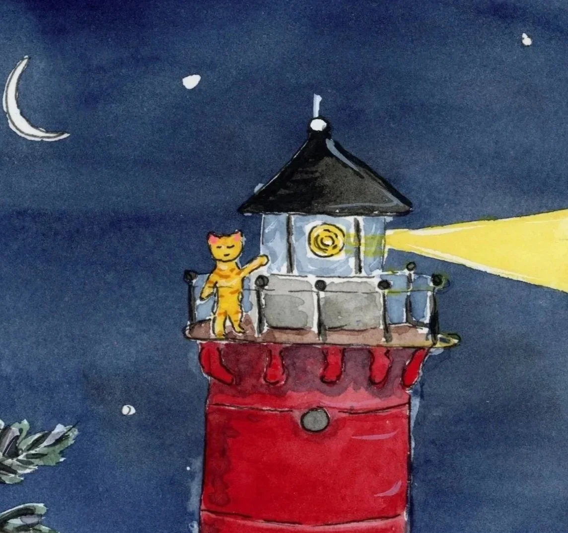 Watercolor painting of a red lighthouse with a black roof against a night sky. The lighthouse has a small balcony with a yellow cat standing and waving, and a bright yellow beam of light coming from the lighthouse's light.