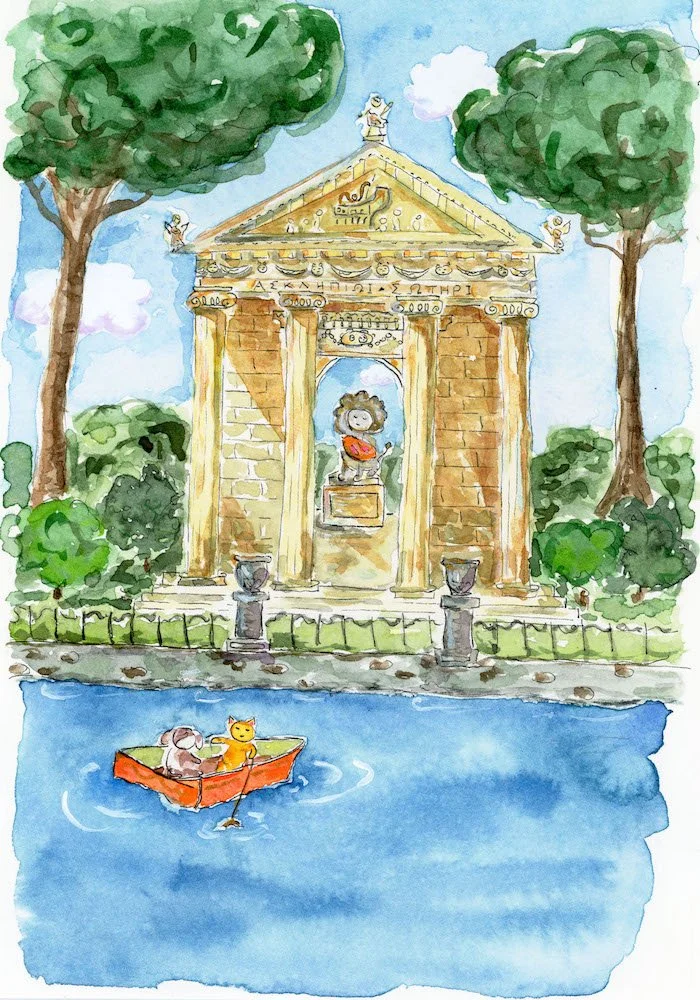 Clementine and Frago Rowing to the Temple Of Aesculapius at the Villa Borghese Gardens, 2023. 8 1/2” x 6 1/8”.
