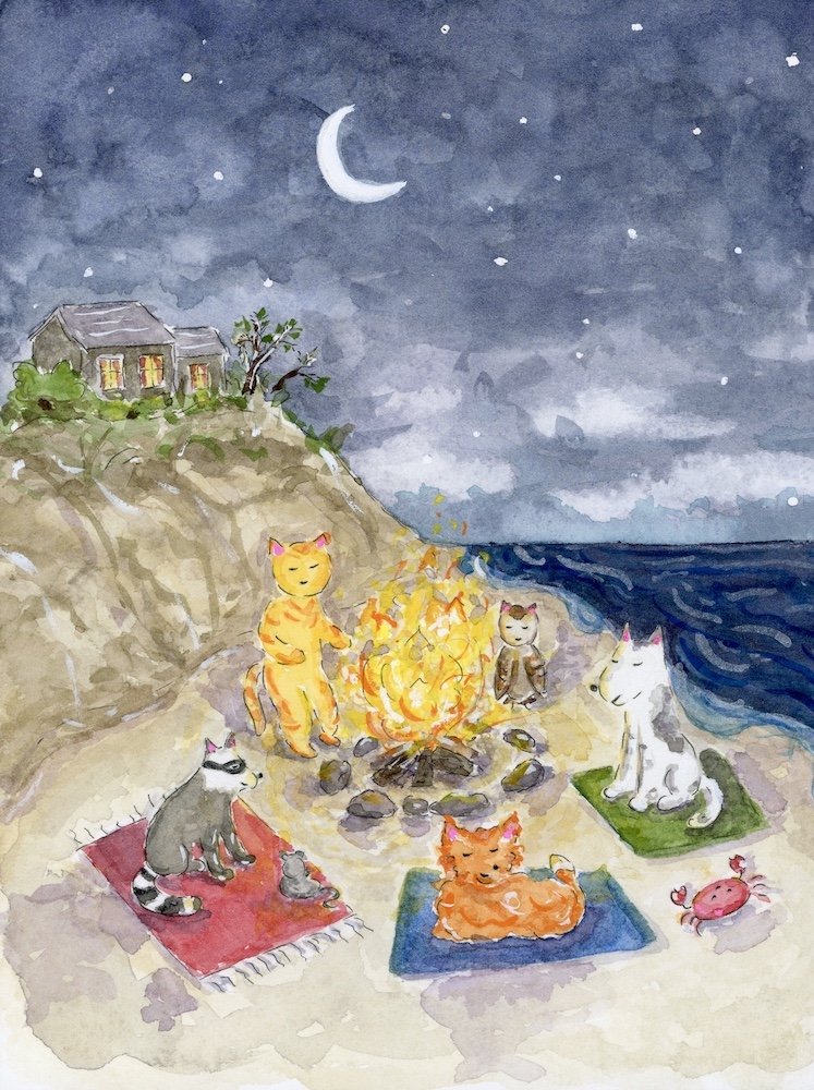 A Midnight Bonfire on Coast Guard Beach, 2025. 7 1/2” x 5 3/4”.