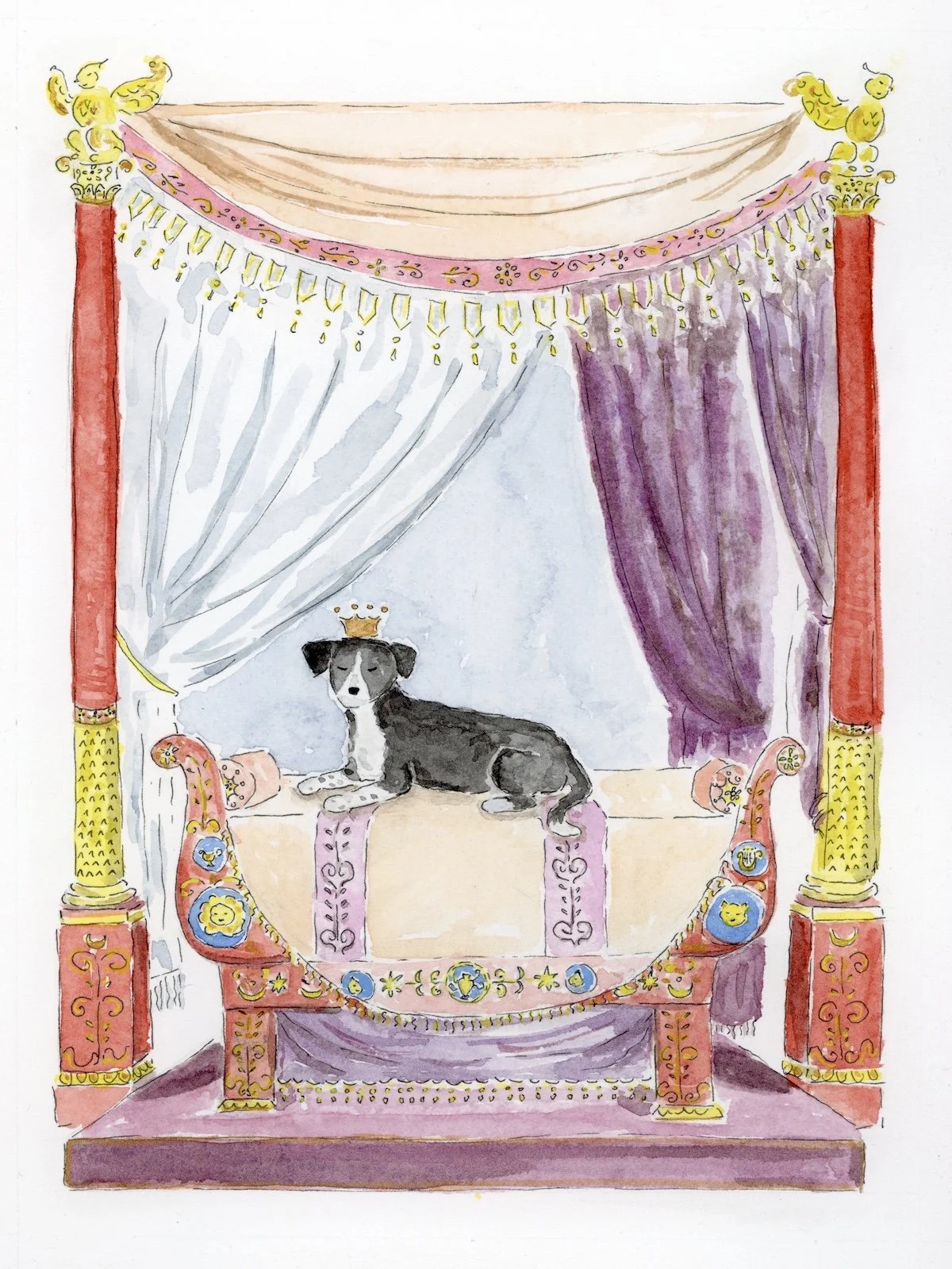 Emma Relaxes on a “Lit Bateau” with a Canopy and Curtains Held By Columns, In the Style of Charles Percier and Pierre François Léonard Fontaine, 2024. 8” x 6”.