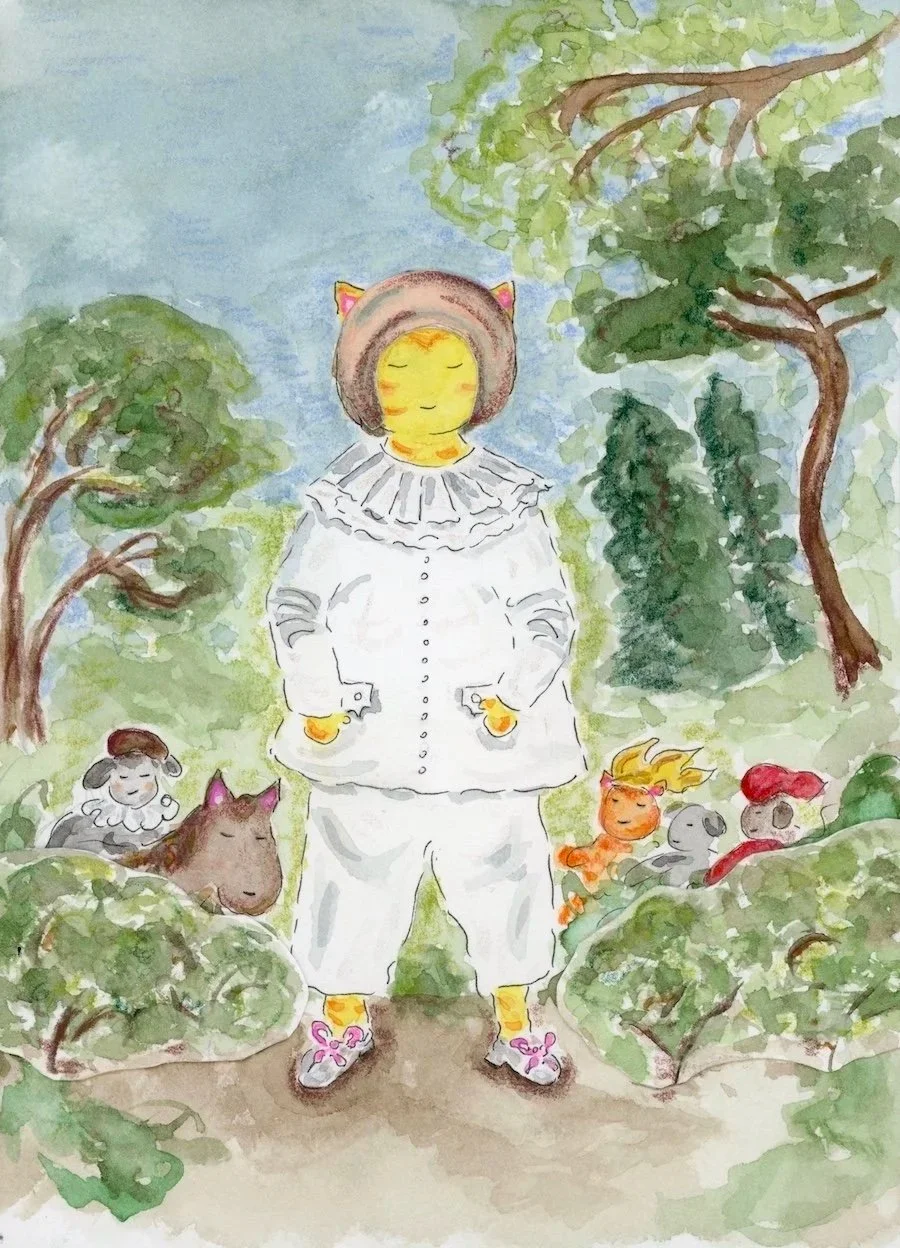 Clementine Poses as ‘Pierrot’ after Jean-Antoine Watteau (1719), 2025. 7” x 5”.

