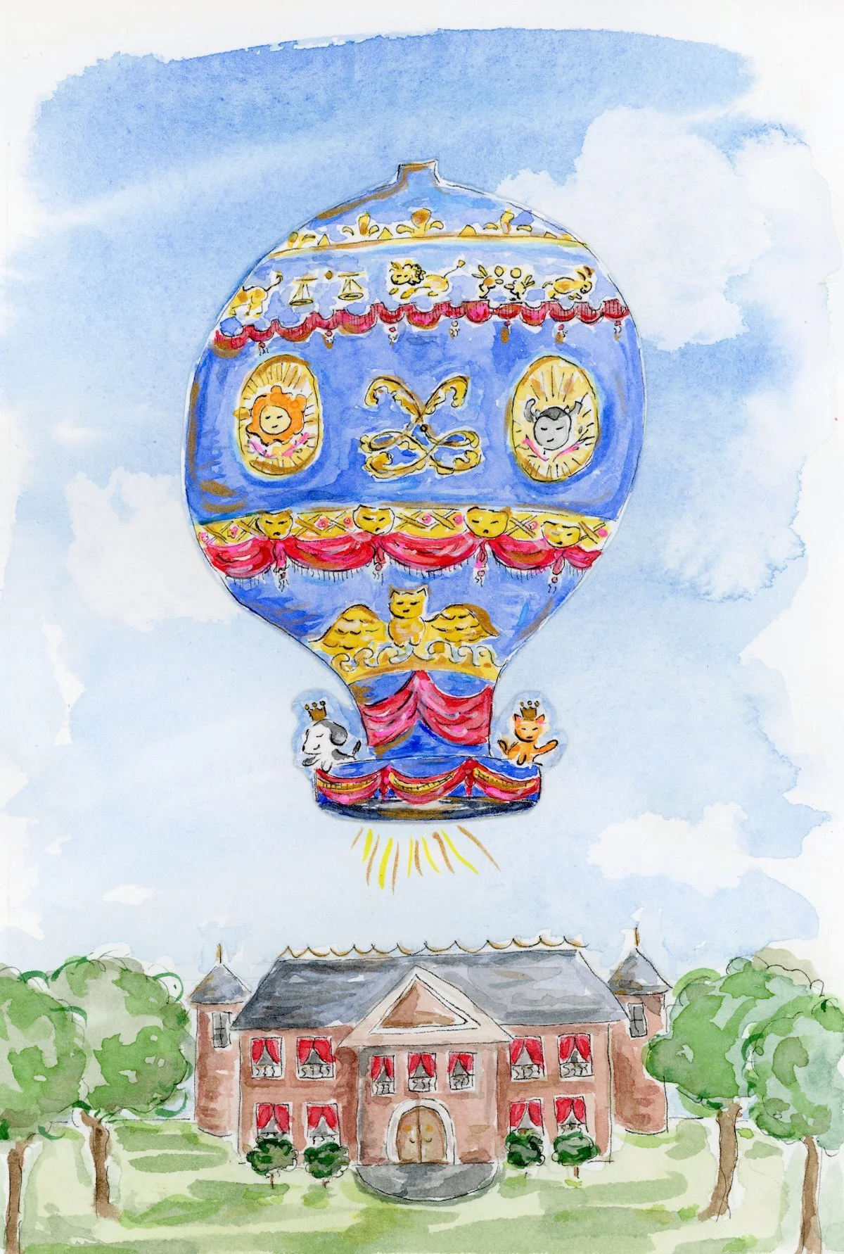 Frago and Clementine Aloft on the Montgolfier Balloon, 1783, 2023.  9” x 6”.