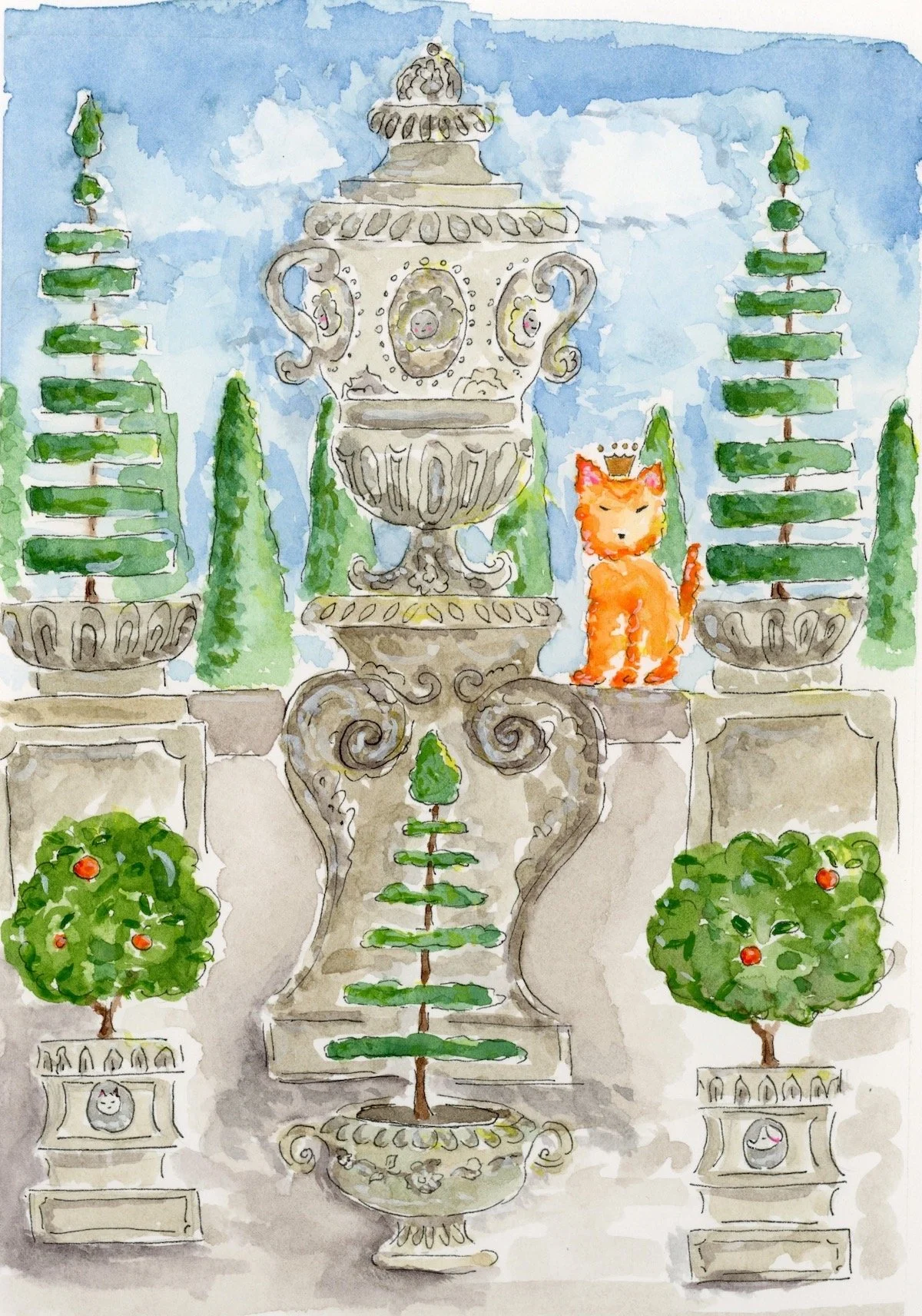 Carnelian the Fox Sunbathing In a Pleasure Garden, After a Design and Engraving by Simon Schijnvoet (1653-1727) and Jacobus Schijnvoet (1685-after 1733) in Voorbeelden der Lusthof-Cieraaden, Zynde Vaasen, Pedastelle (c. 1704). 7 1/4” x 5”. 2024.