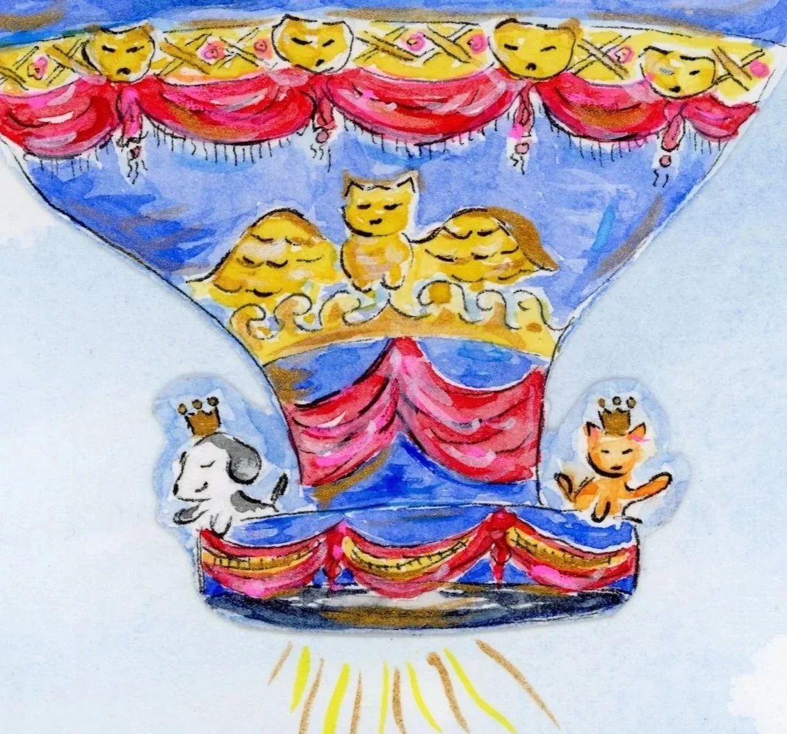 Colorful illustrated scene of a theater stage with red and pink curtains, golden decorations, and cartoon animals including a cat, dog, and fox wearing crowns.