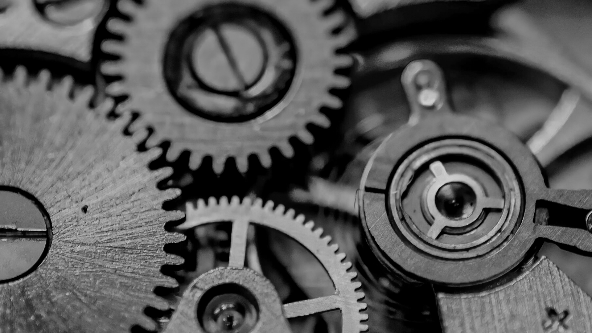 Close-up view of interlocking gears and mechanical components in a watch or machine.
