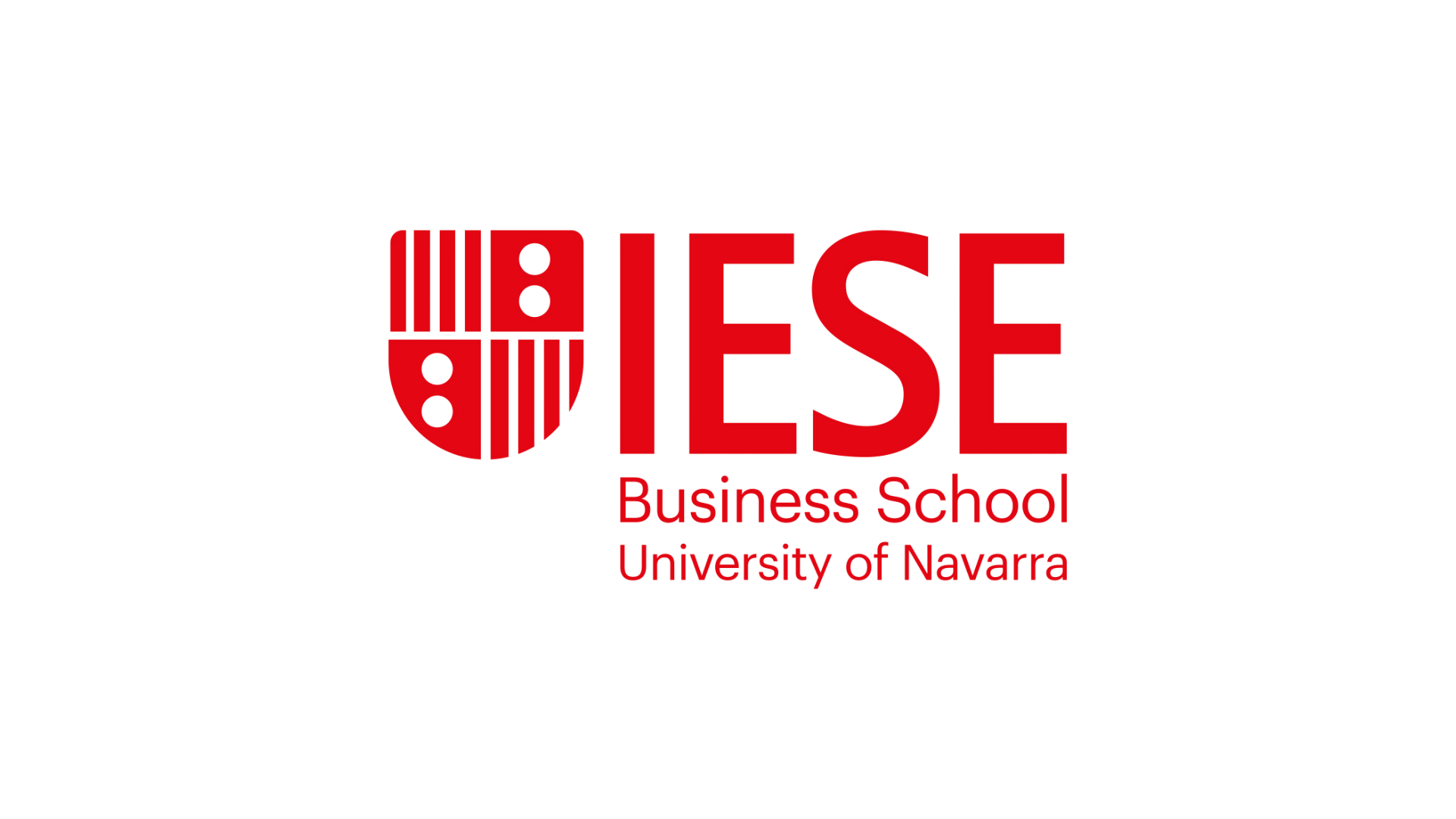 Logo for IESE Business School, University of Navarra, with a black background, red and black text, and a stylized crest.