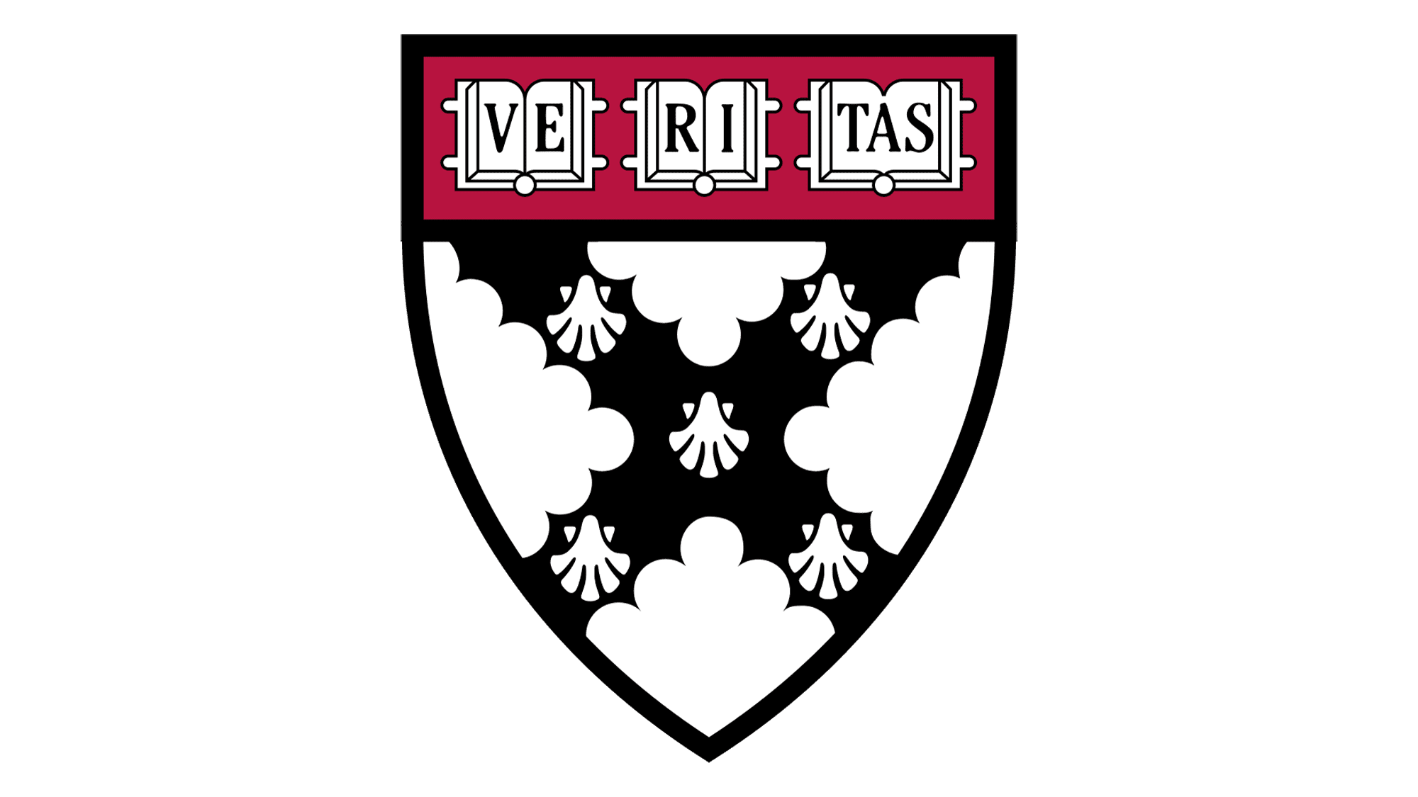 The Harvard Business School logo features a black shield with white decorative patterns and a red rectangular banner at the top, displaying the word 'VETRITAS' in black, outlined letters.