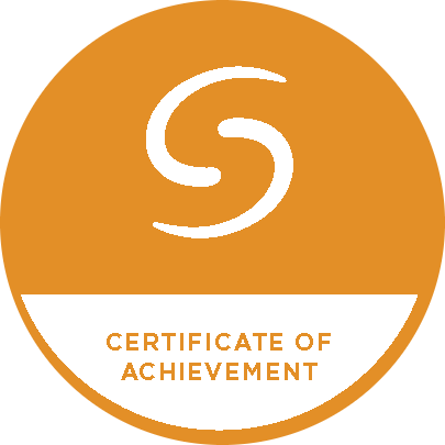 A circular badge with a gold background, white stylized 'S' at the top, and the words 'Certificate of Achievement' at the bottom.
