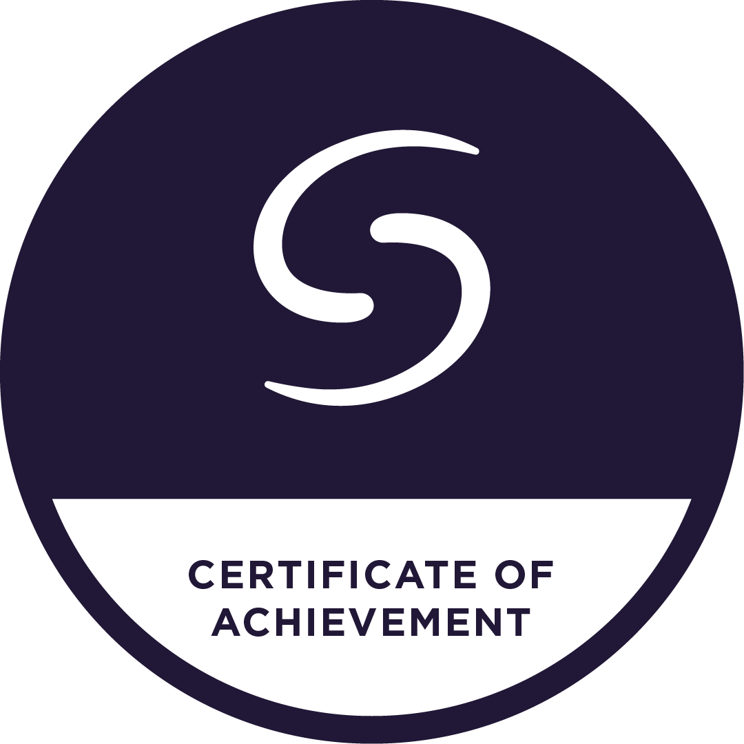 A circular badge with a dark background and a white S-shaped symbol in the center. The bottom half of the badge has a white section with the text "CERTIFICATE OF ACHIEVEMENT."