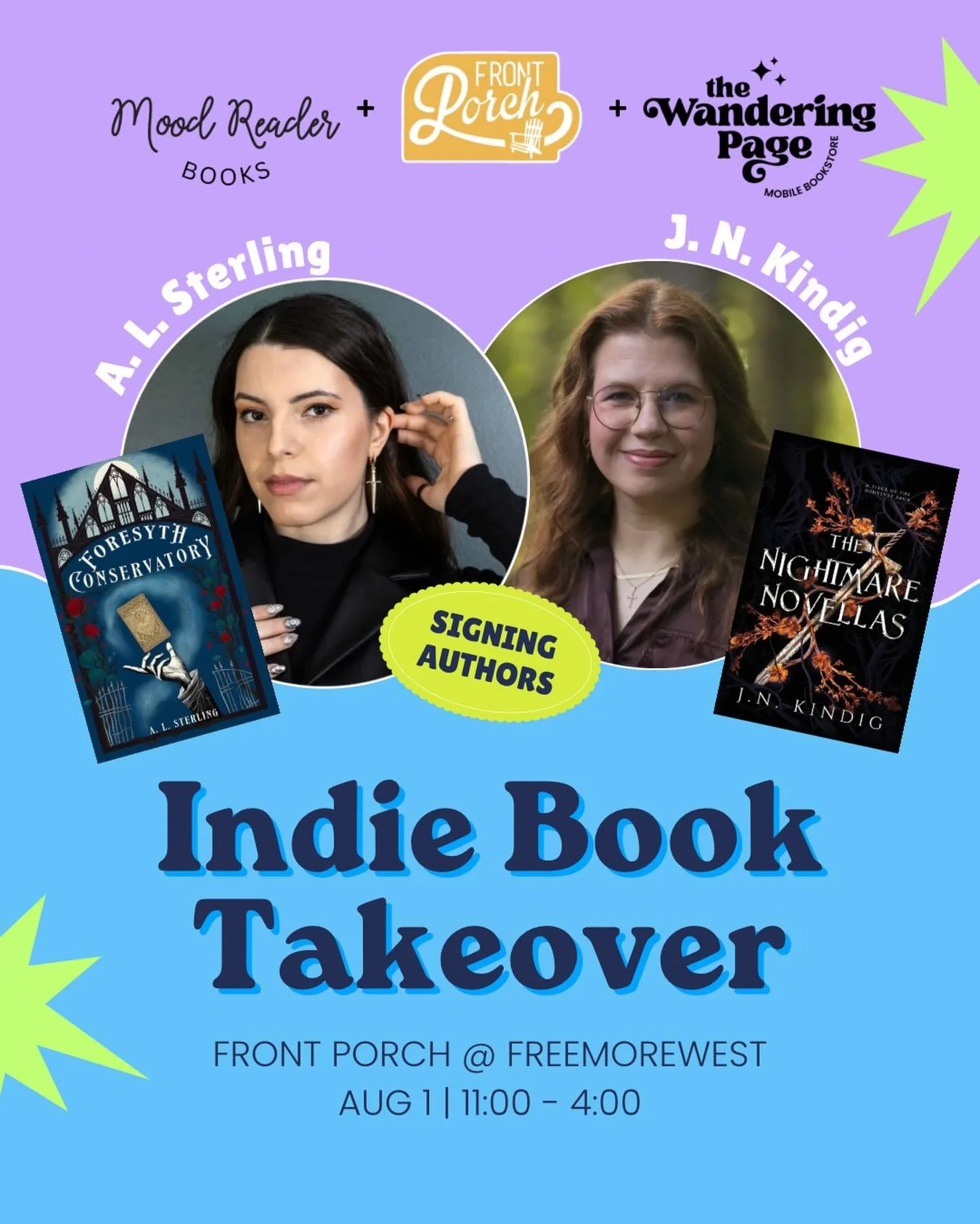 The indie authors are taking over the Porch!

@moodreaderbooks and @wanderingpagebooks will be hosting two local indie authors at their mobile bookstores! 

Come out to meet @a.l.sterling and @authorjnkindig and get copies of their books signed. Disc