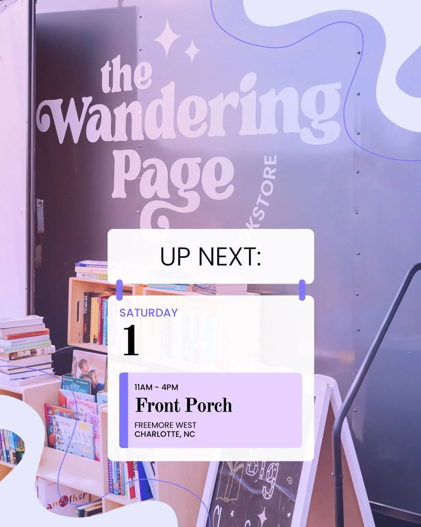 Up next: Front Porch! With special guest, author @authorjnkindig 

Come see us!!

#charlottenc #mobilebookstore #bookishevents #books #shoplocal