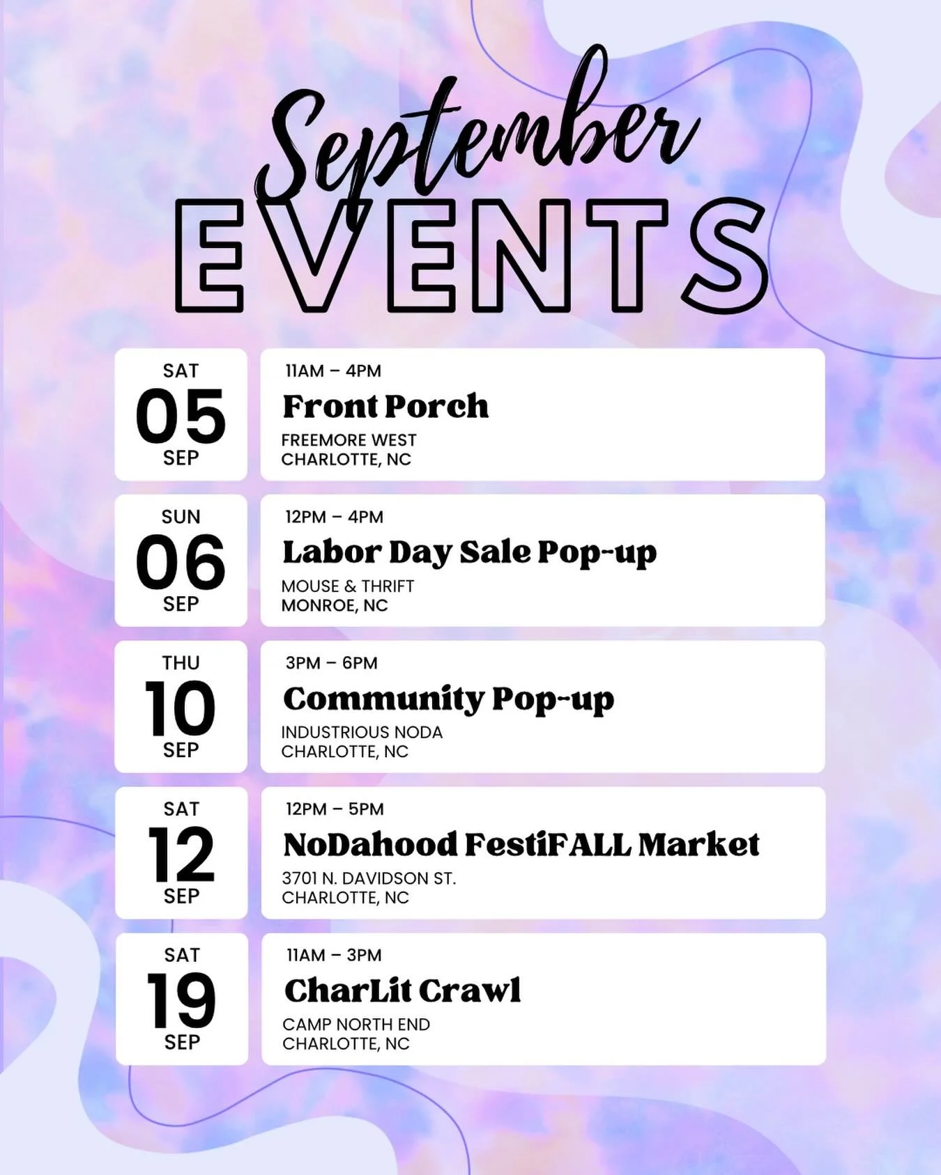 Come see me this month! Super excited for the fall weather to start rolling in 🍂

#charlottenc #bookishevents #bookstagram #booksbooksbooks #fallevents