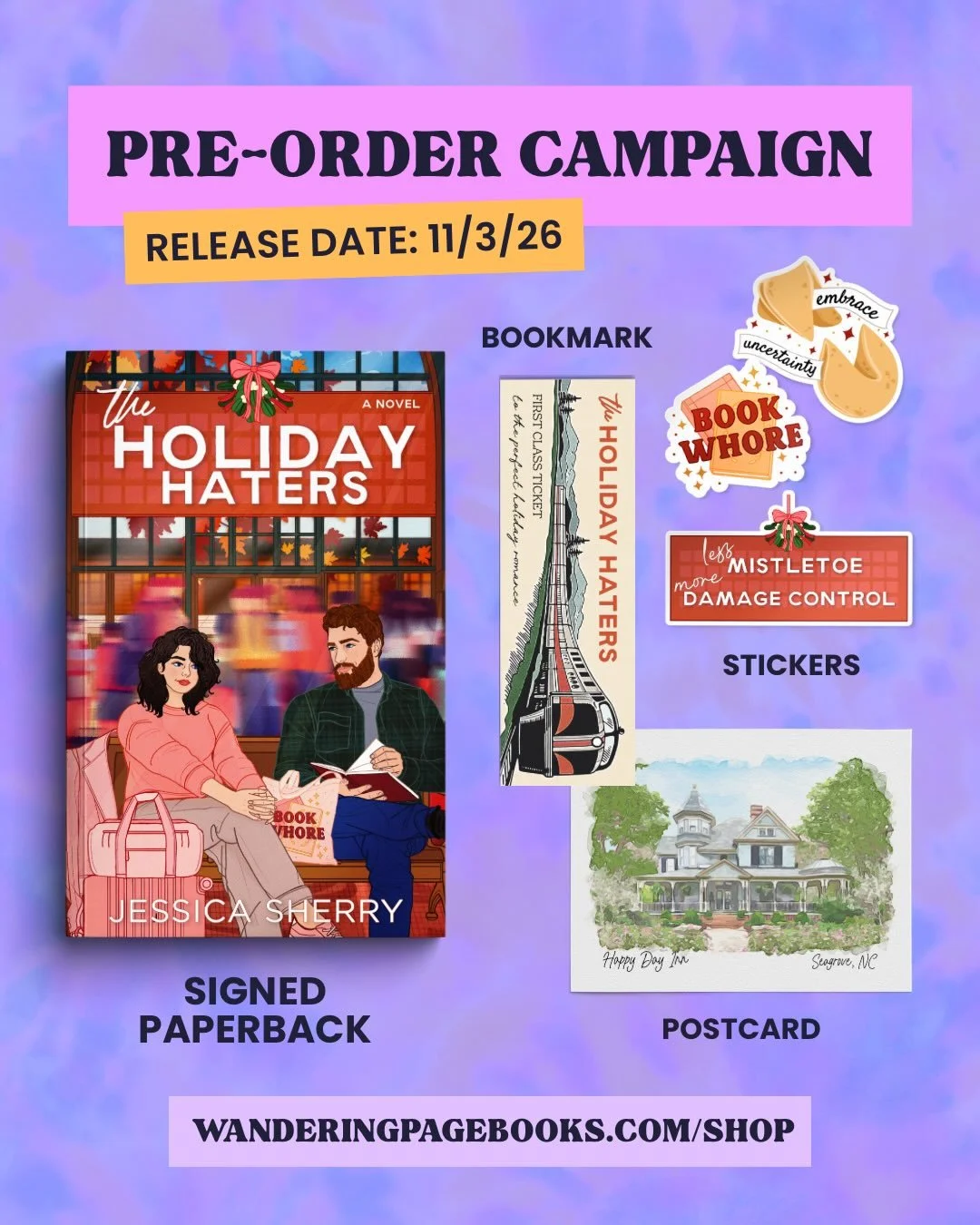 ❤️ Get The Holiday Haters by @authorjessicasherry ❤️

🗓️ RELEASE DATE: November 3rd, 2026
💳 $20 + shipping
➡️ Wanderingpagebooks.com/shop

Orders include a signed paperback, postcard print, stickers, and bookmark. 

Book description:
Two train tick