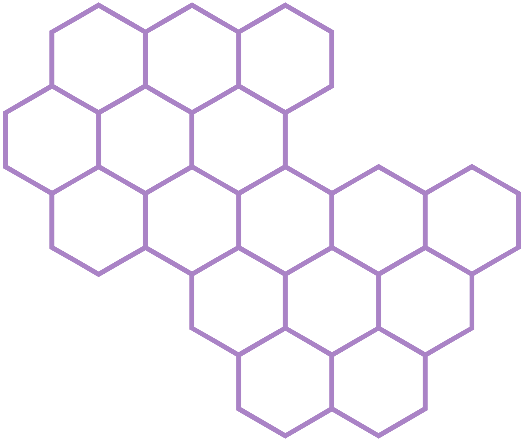 A digital illustration of a honeycomb pattern with 17 interconnected hexagonal cells outlined in purple on a black background.