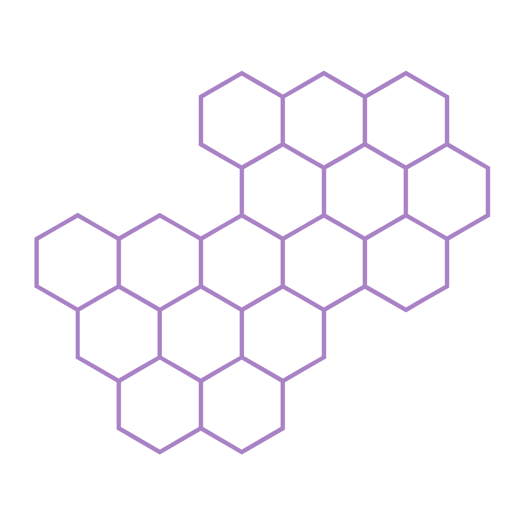 Abstract illustration of interconnected hexagons in purple on a black background.