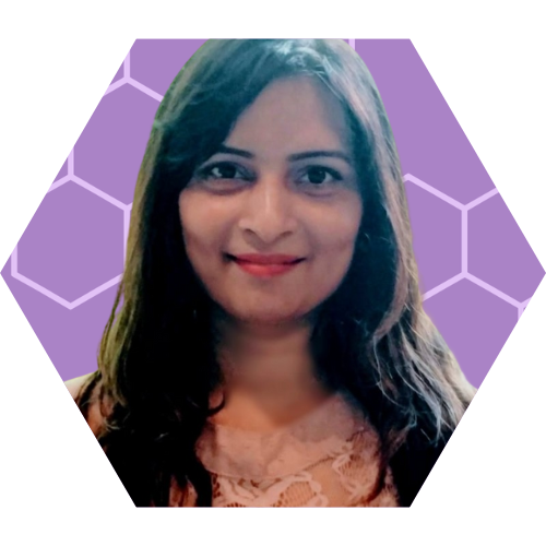 A woman with shoulder-length dark hair, smiling, wearing a beige top, against a purple background with geometric patterns.