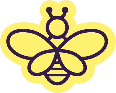 Simple line drawing of a bee with yellow and purple colors.