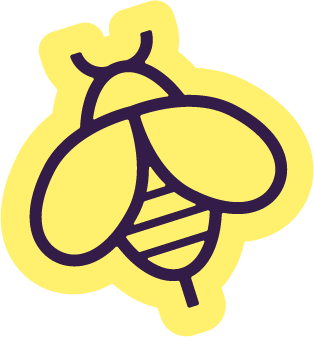 A cartoon illustration of a bee with yellow and purple outlines.