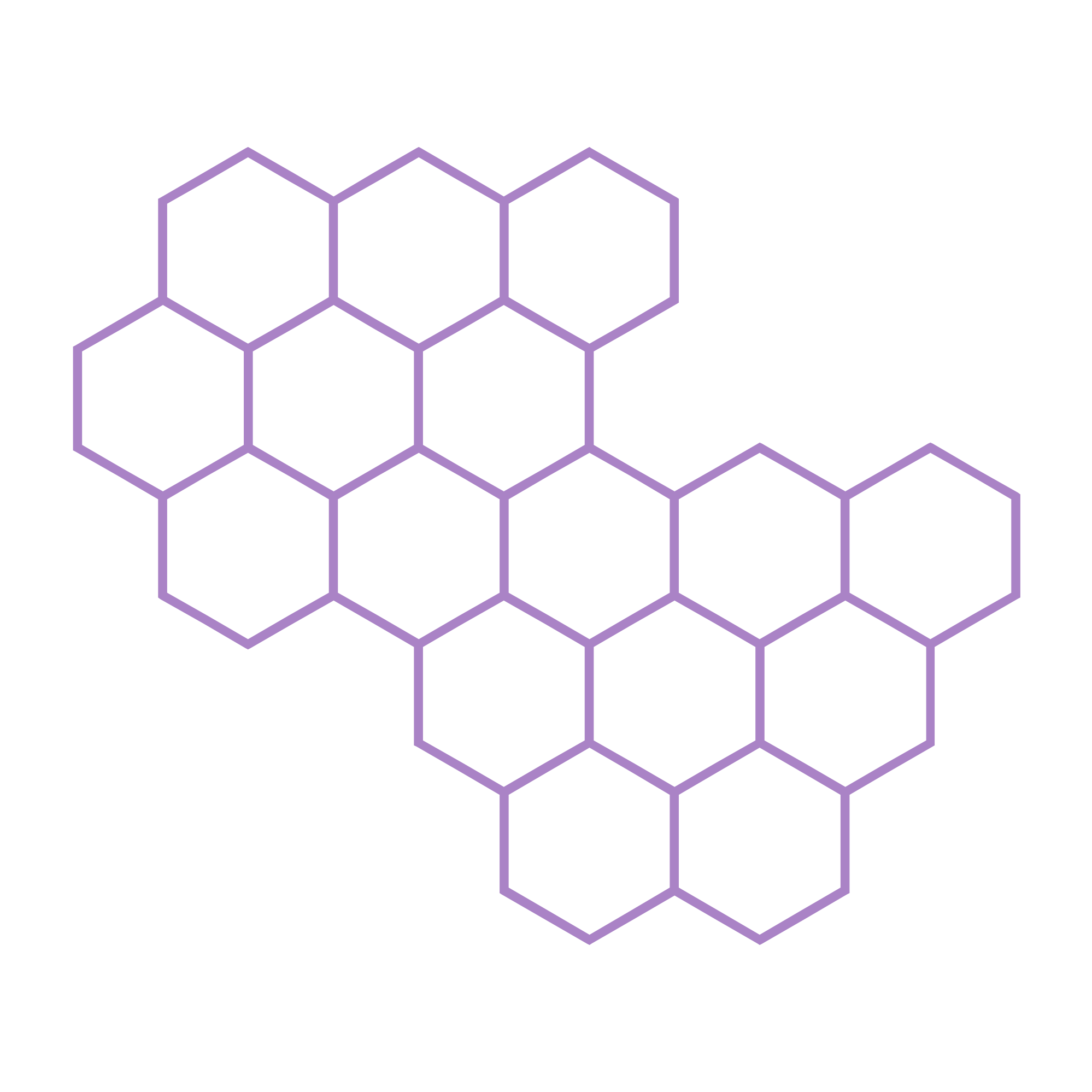 Illustration of a honeycomb pattern with hexagonal cells outlined in purple on a black background.