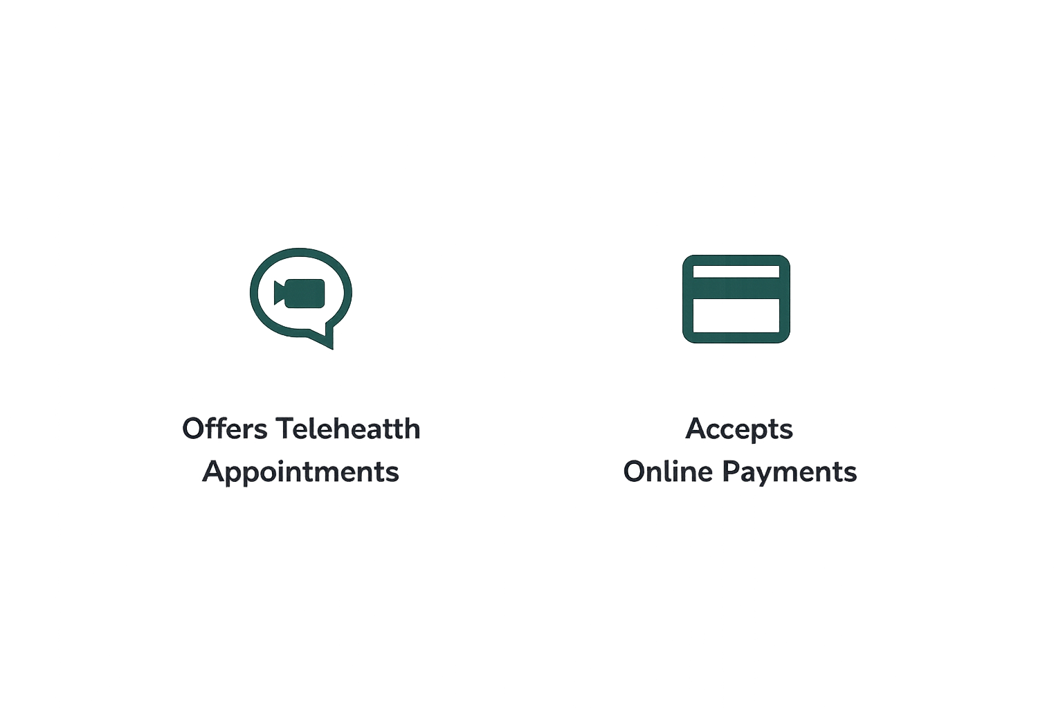 A website offering telehealth appointments with options to book online or pay online, displaying icons of a video call and payment card.