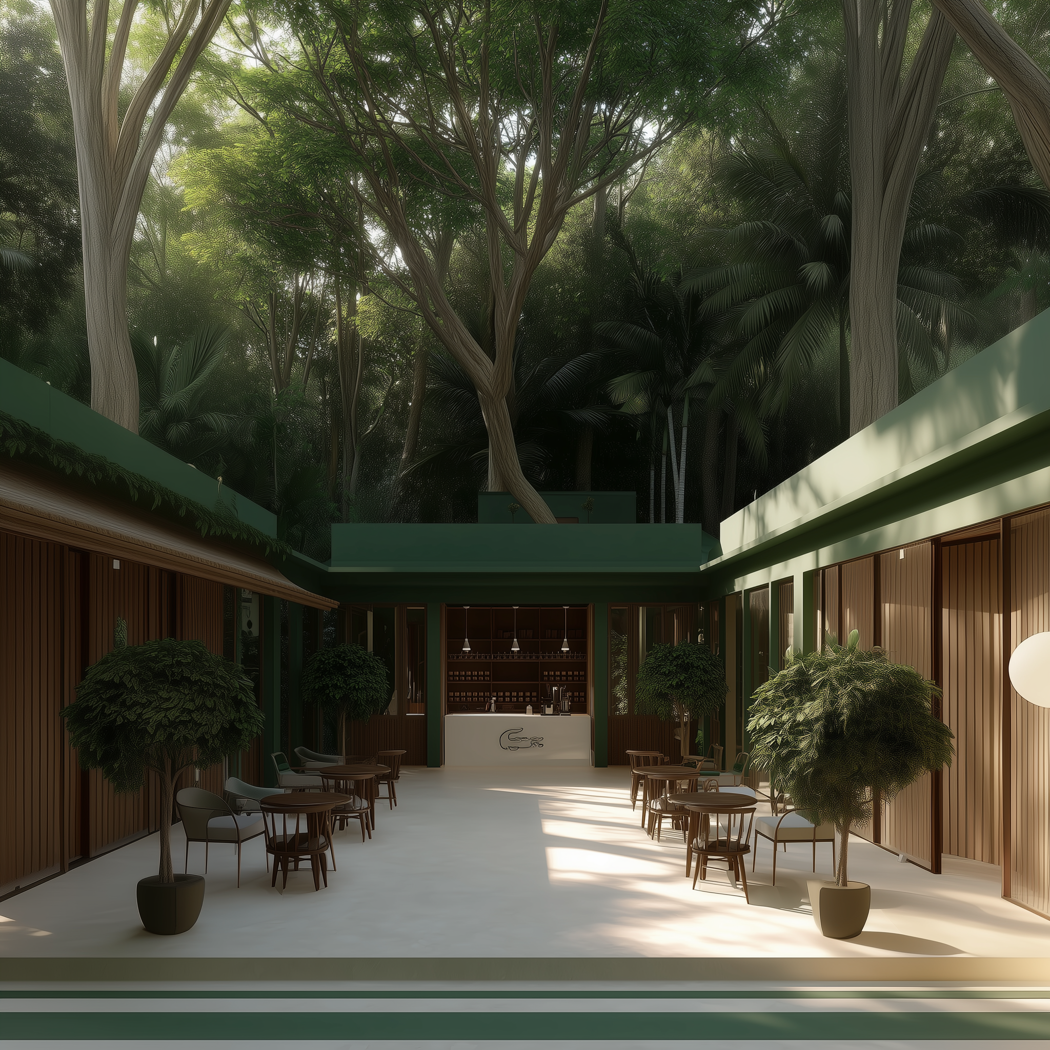 Indoor café area with round tables, chairs, potted trees, and large windows, with a lush green rainforest visible overhead.