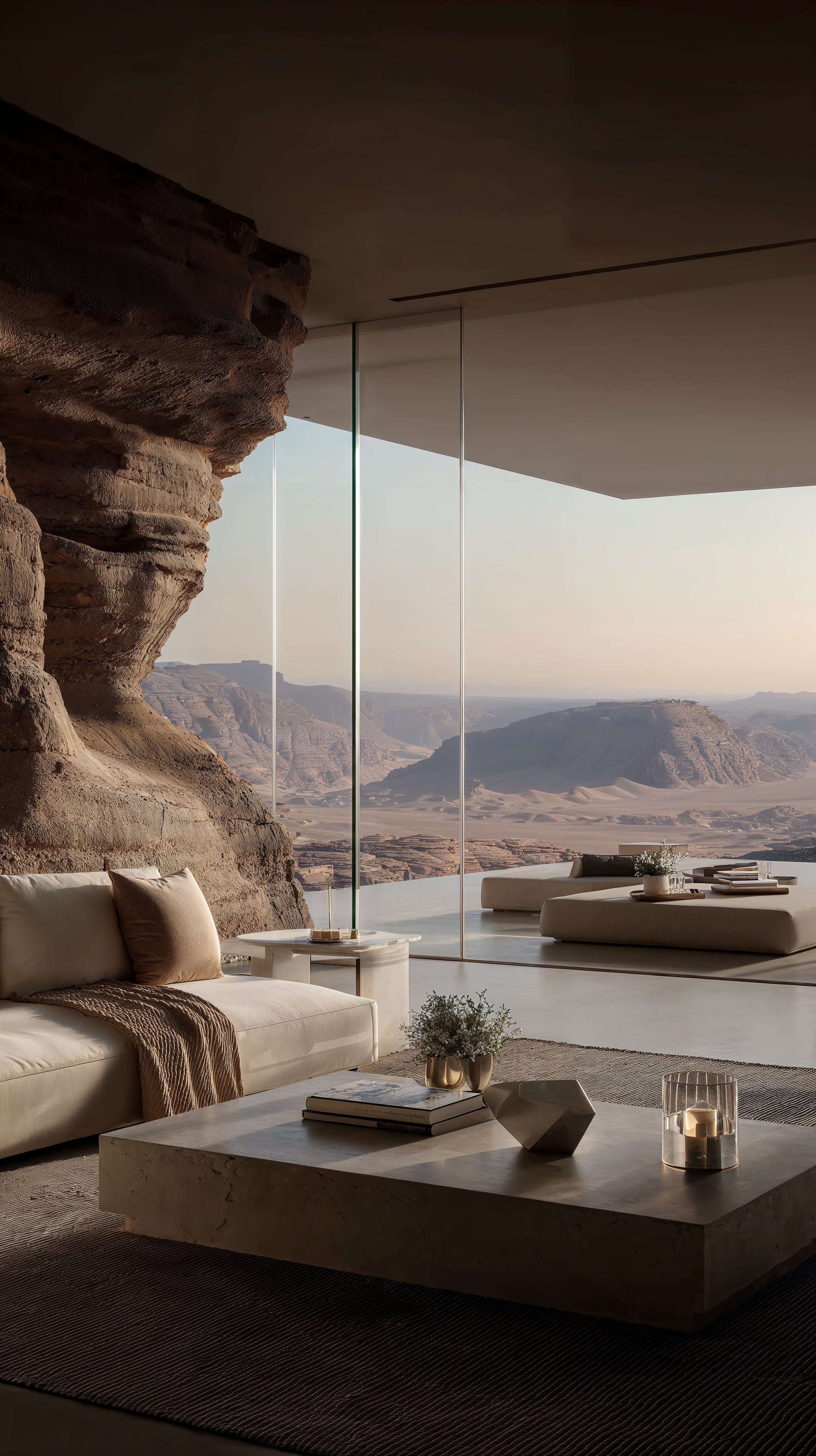 Living room with a view of desert mountains through large glass windows, modern white sofas, a marble coffee table with books, candles, and a small potted plant.