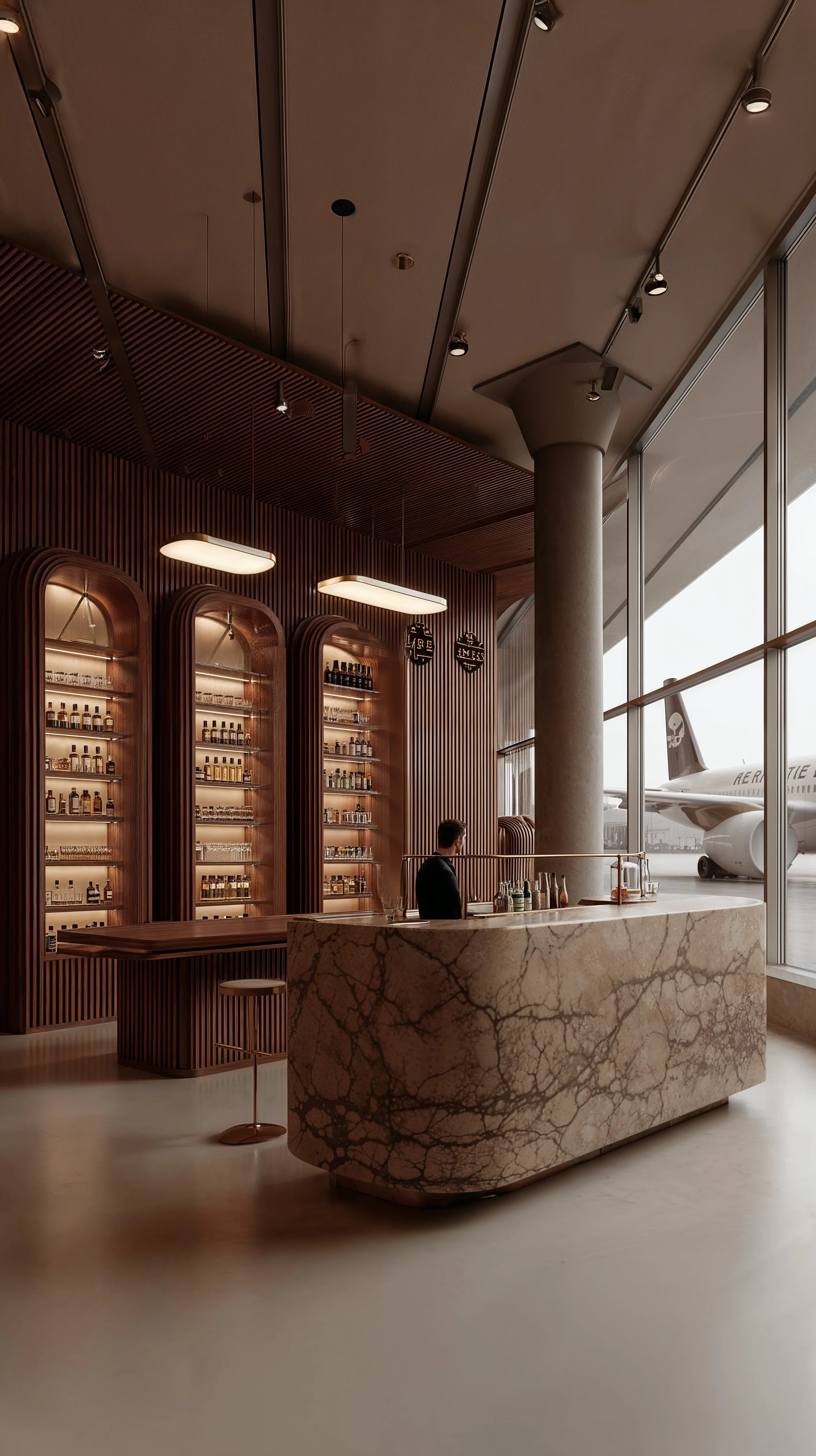 An airport lounge bar with a marble counter, wooden shelves with bottles, and large windows showing an airplane outside.