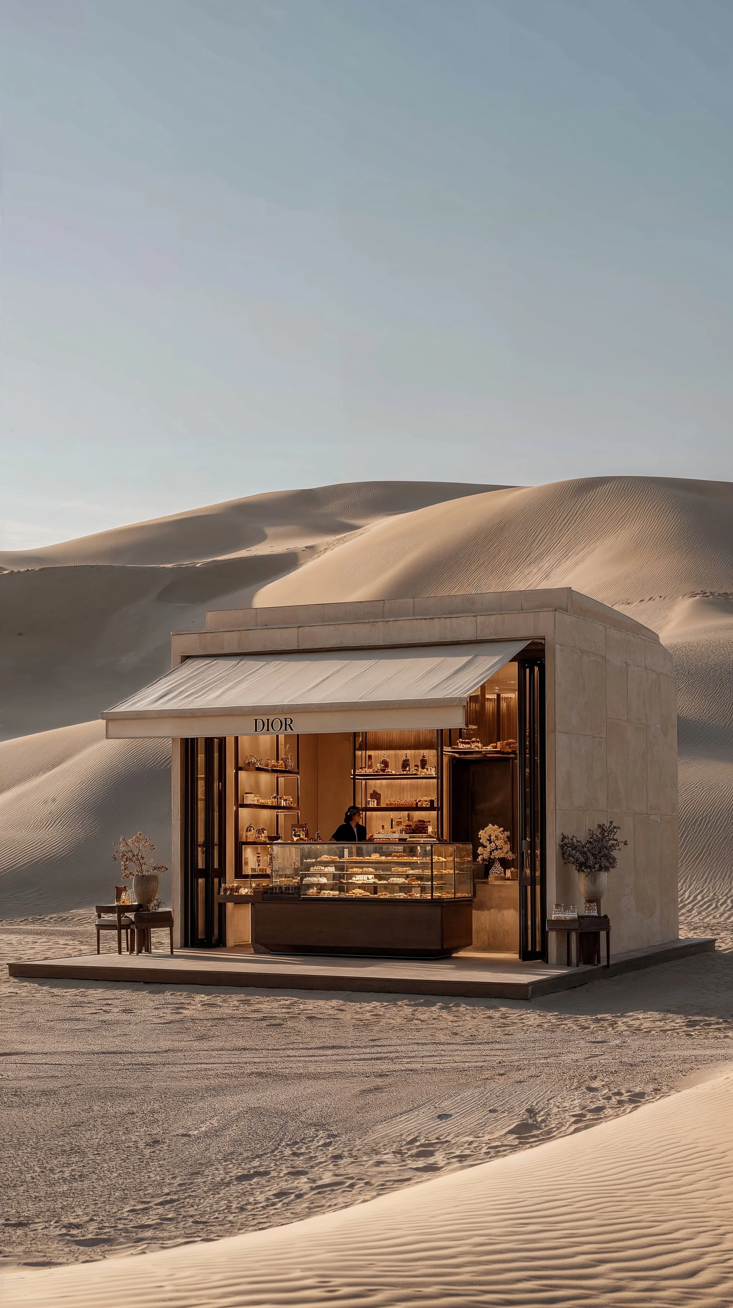 A Dior store in the desert with sand dunes in the background, featuring a modern design with glass display cases and floral decorations.