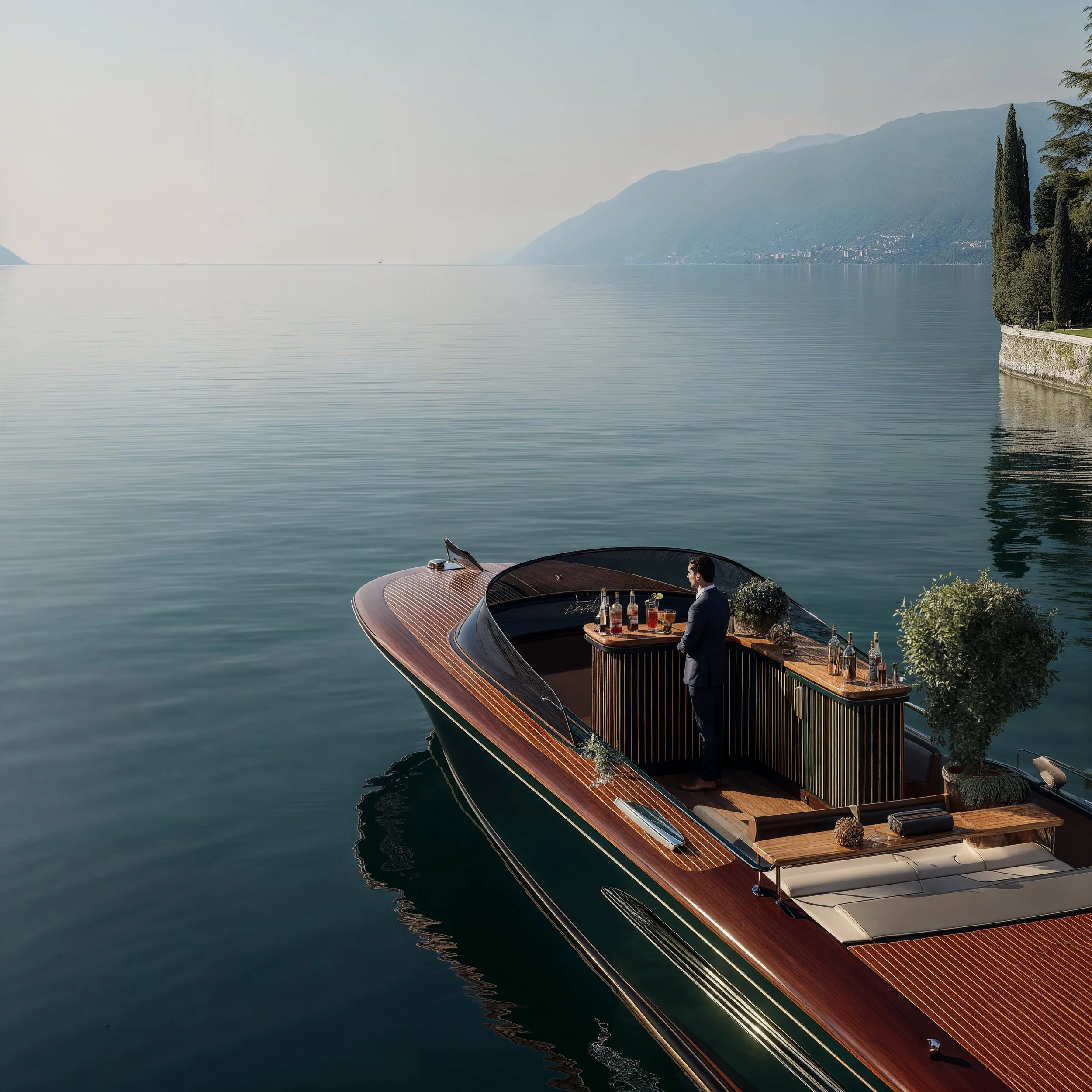 A luxury yacht on a calm lake with a bartender in a suit preparing drinks at a bar on the deck, and scenic mountains in the background.