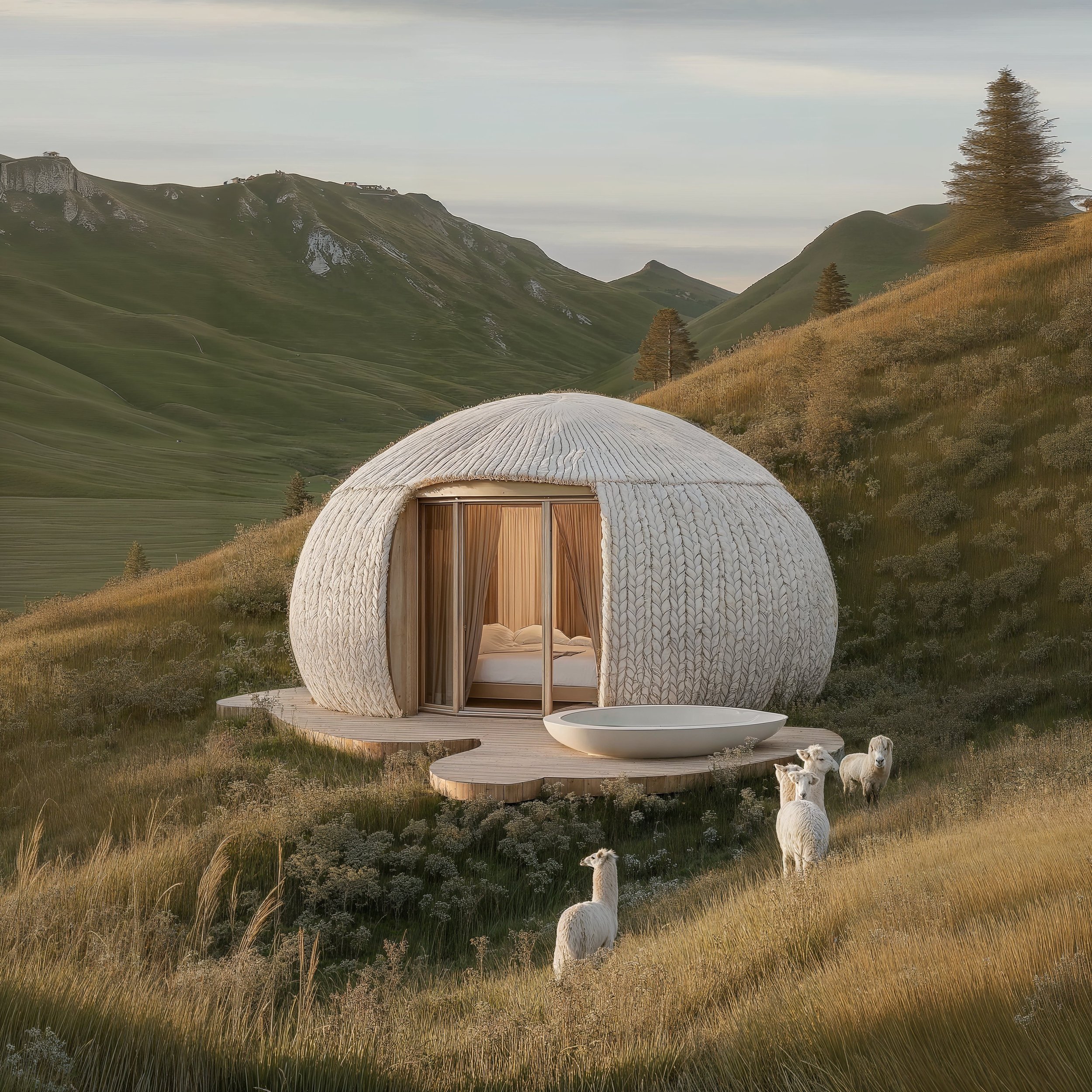 A dome-shaped, woven outdoor structure with a wooden deck and sliding glass door, set in a grassy hillside with mountains and sheep in the background.