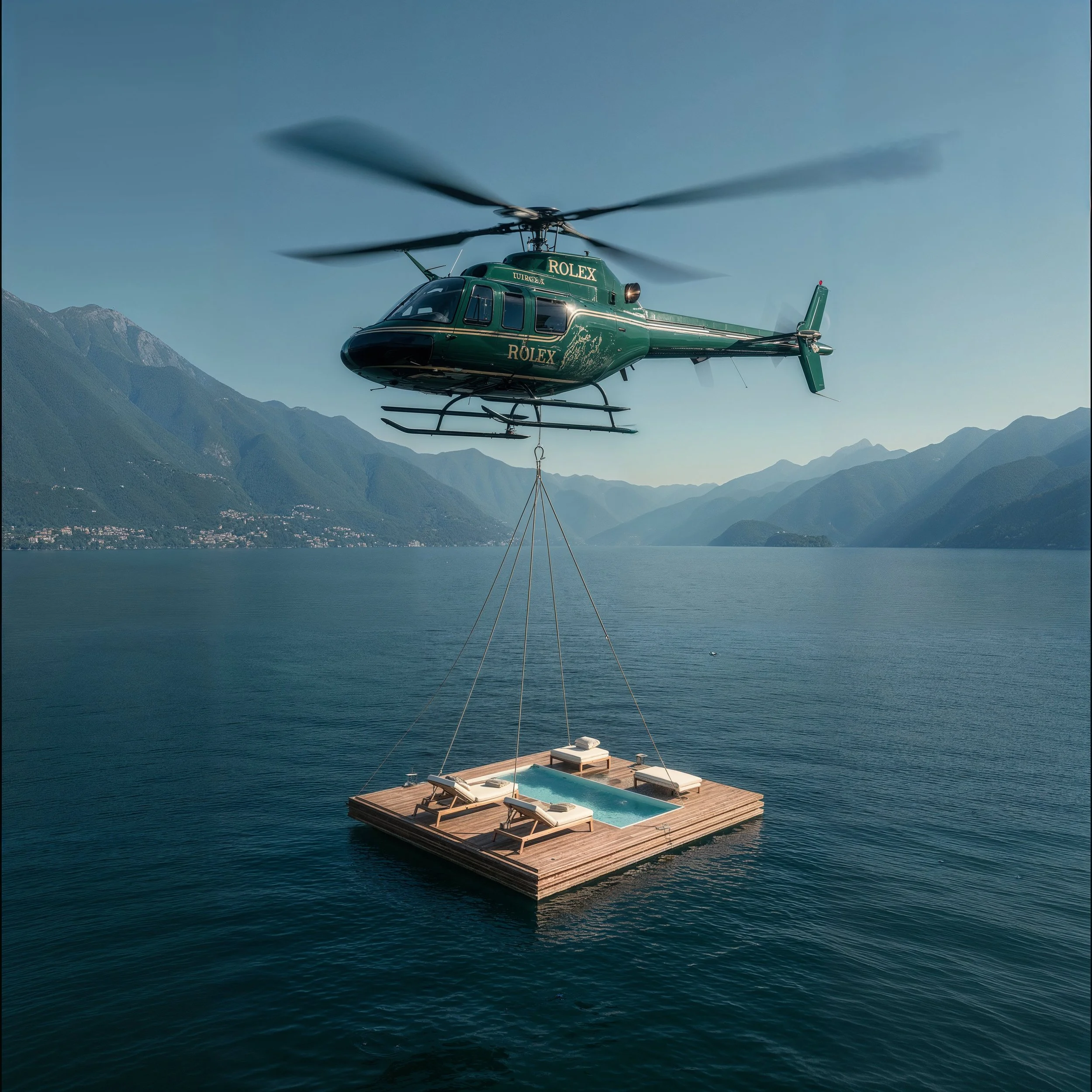 A green helicopter with 'ROLEX' branding is flying over a lake, carrying a floating wooden platform with lounge chairs and a small pool, set against a backdrop of mountains.