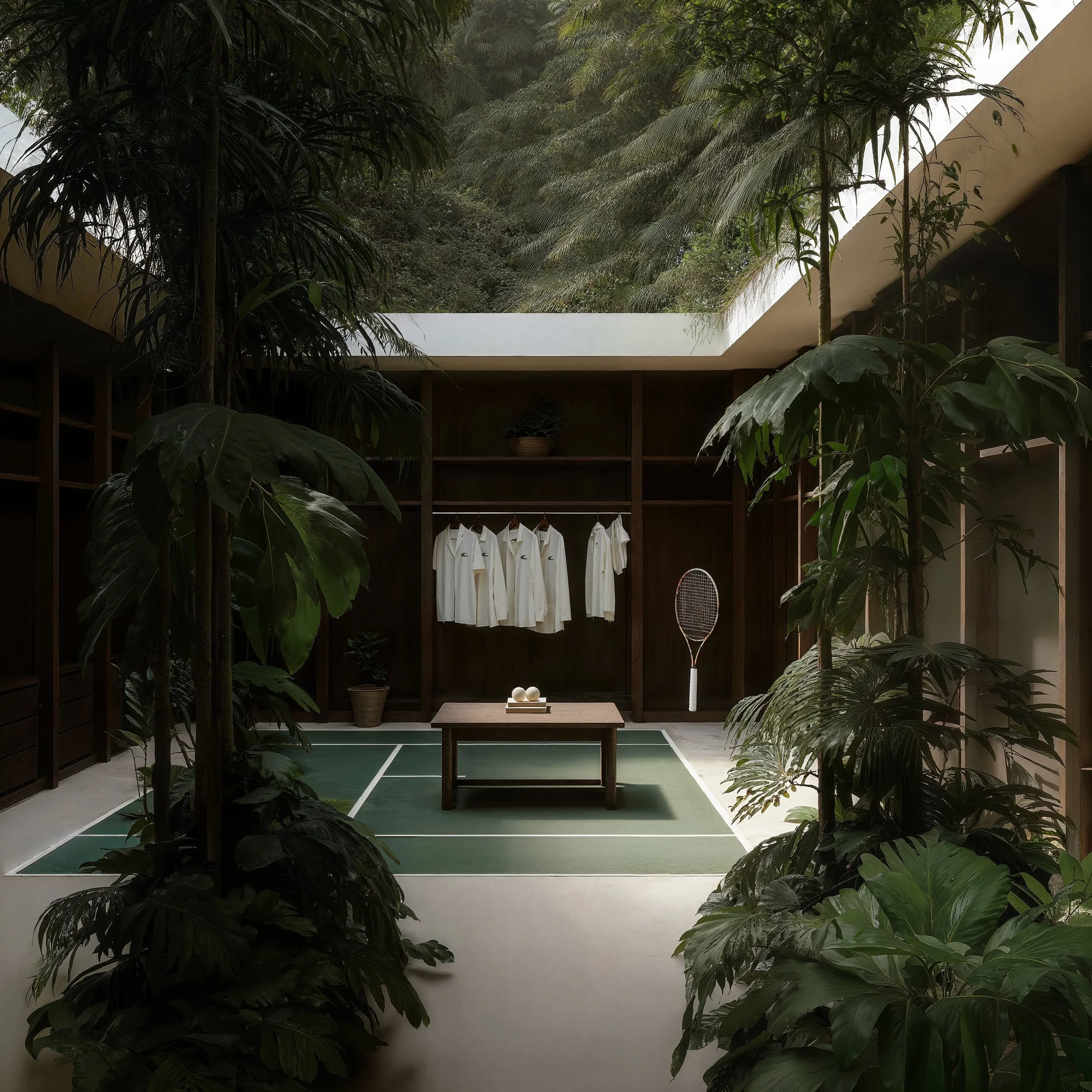 Indoor tennis court with green surface, surrounded by lush plants and trees, with a wooden table at the center. Behind the table, there are white shirts hanging, along with a tennis racket leaning against the wall and a potted plant above the shirts.