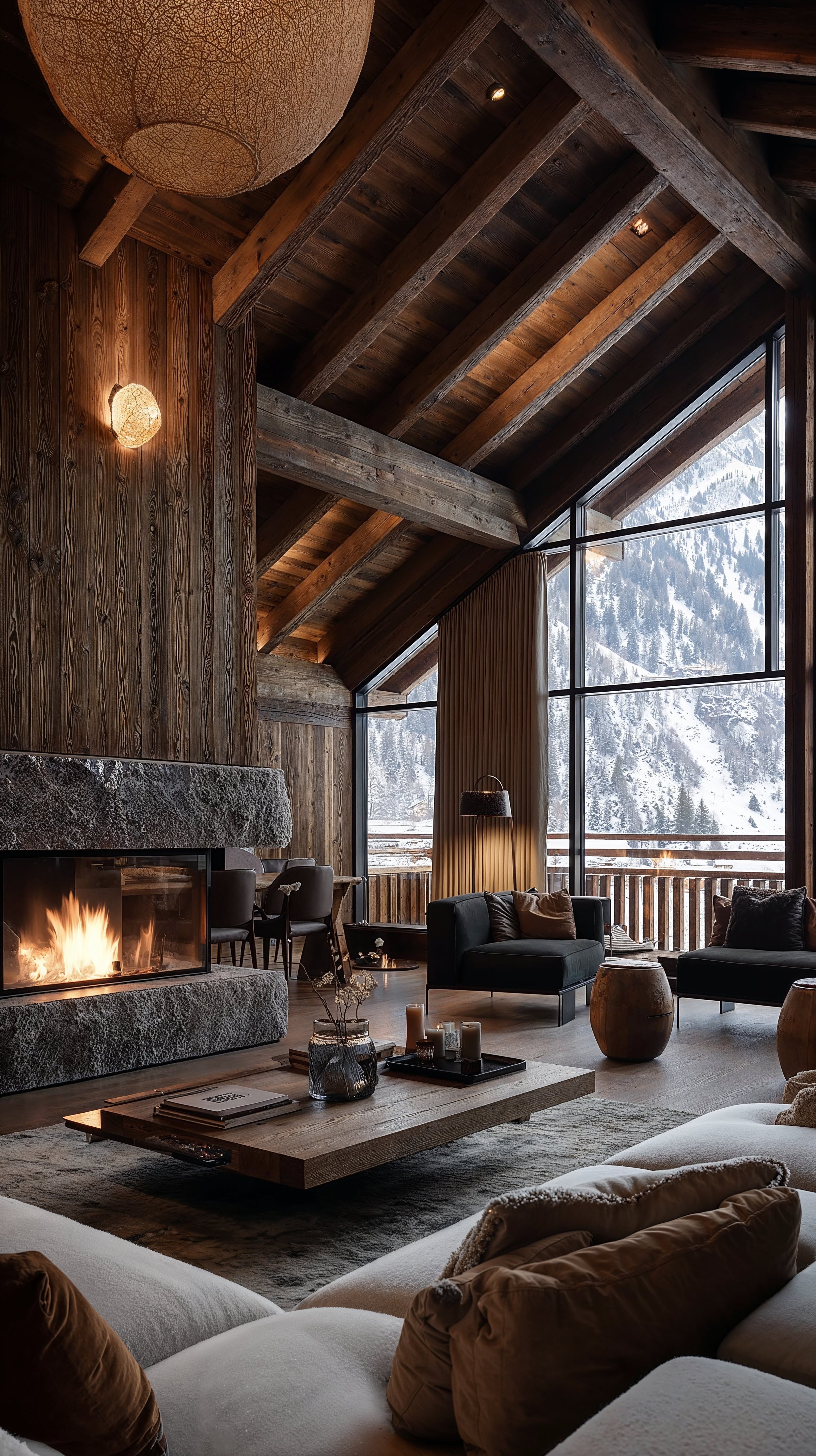 Living room with wooden walls and ceiling, large windows showing snow-covered mountains, a fireplace, sofas, a coffee table, and cozy decor.