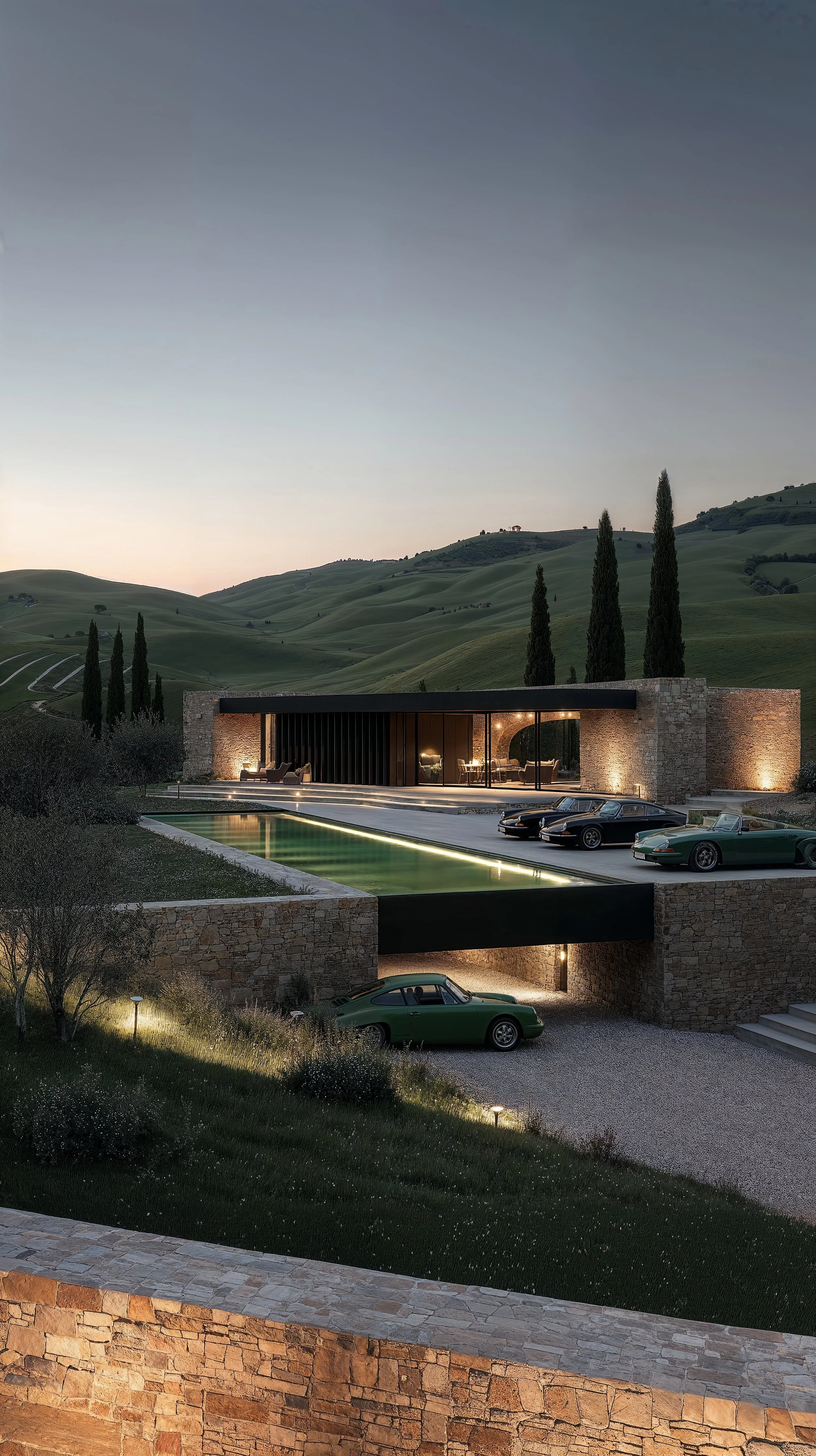 Modern house with a flat roof and glass walls, surrounded by tall cypress trees, with a swimming pool, vintage cars parked outside, and rolling green hills in the background at dusk.