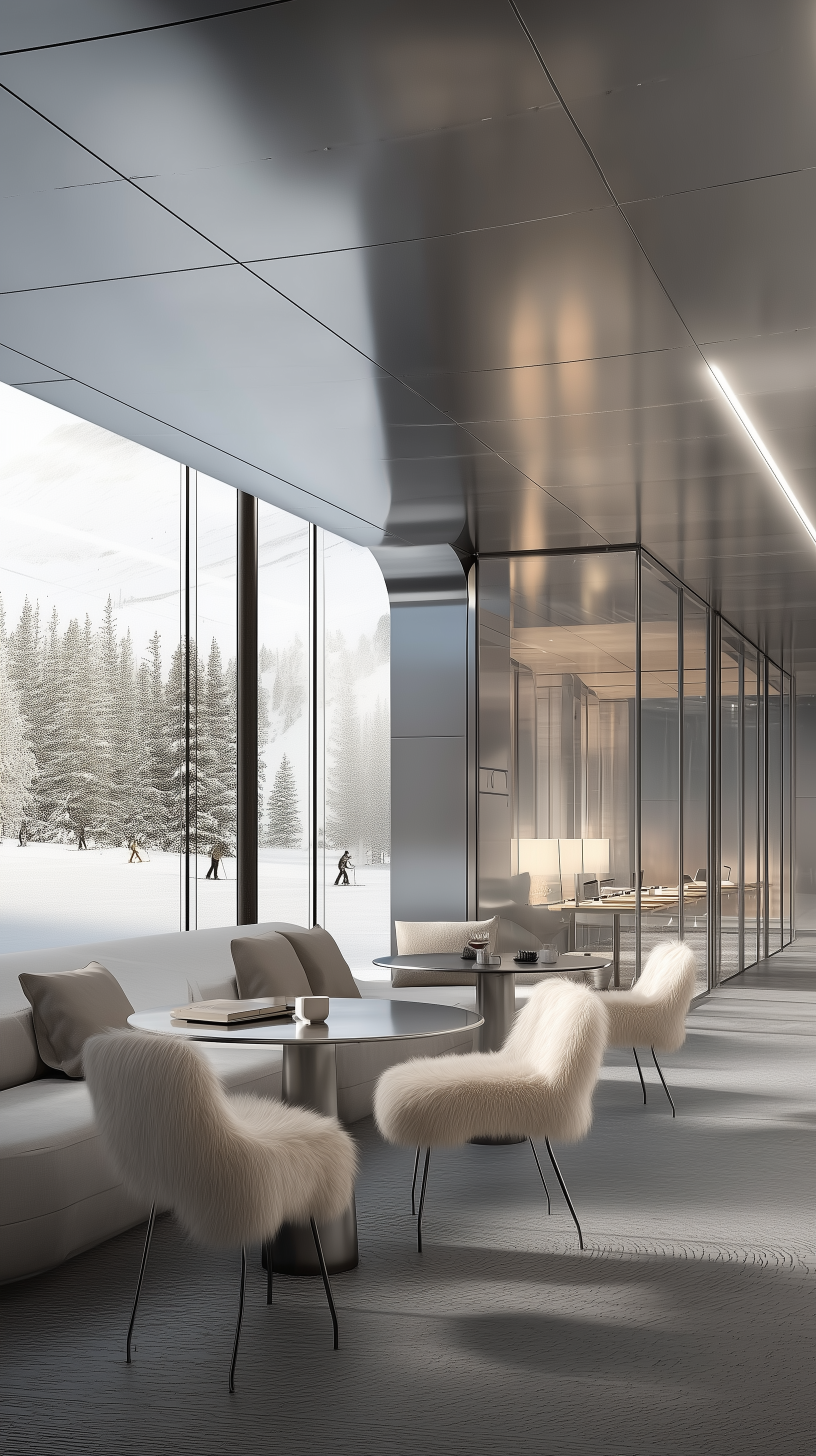 Modern lounge area with large floor-to-ceiling windows showing a snowy landscape with trees and skiers outside. Inside, there are plush white chairs, a sofa, a round table with books and cups, and a glass wall separating the lounge from an office spa
