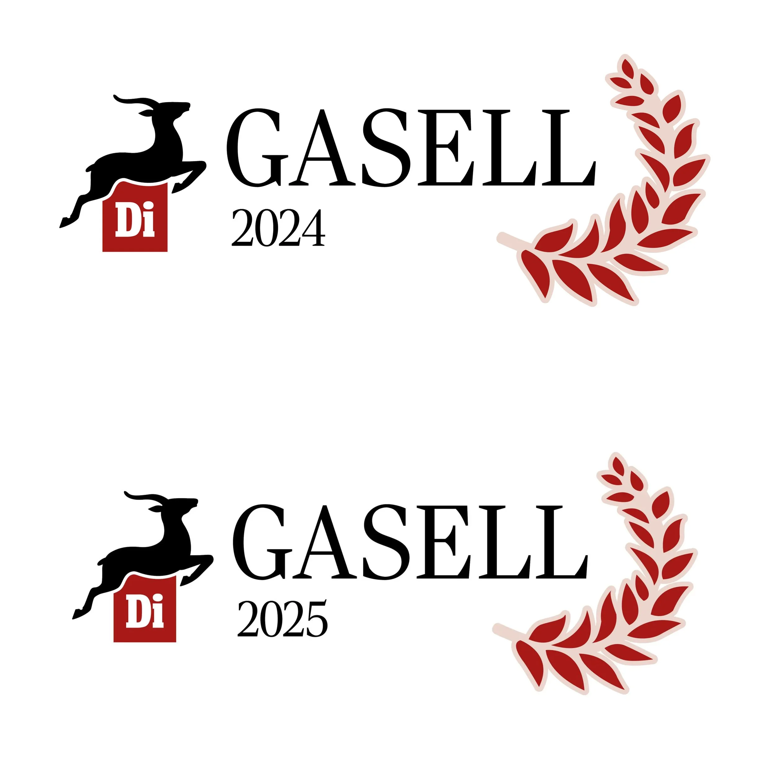 Comparison of Gasell awards for the years 2024 and 2025, featuring a logo with a running gazelle and red laurel branches.