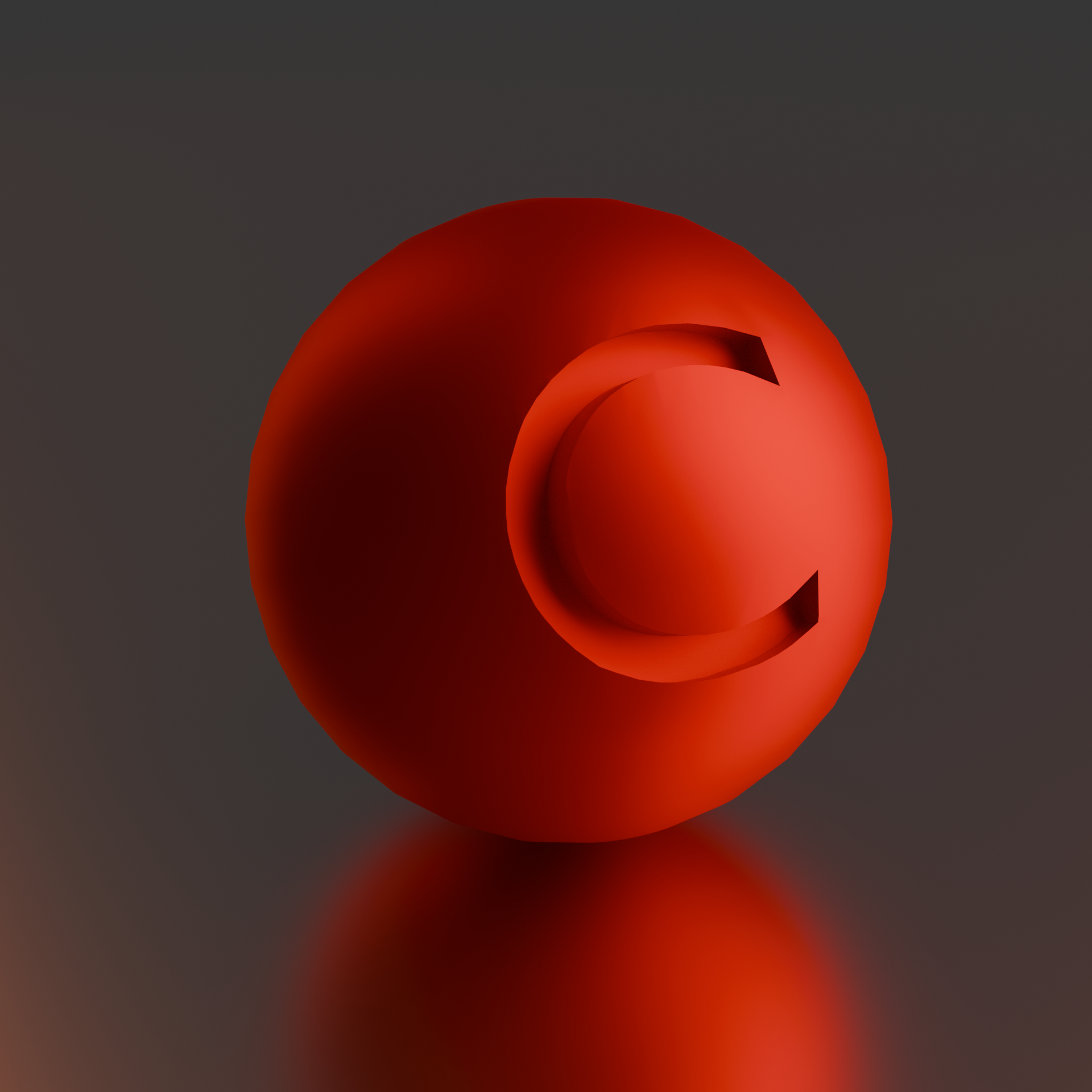 A close-up image of a red cue ball with an embossed C, reflected on a shiny surface.