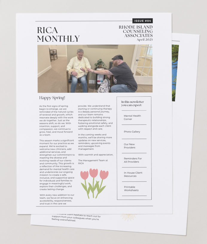 A newsletter titled 'RICA Monthly' with a cover photo of two men in a therapy session, one man sitting on a chair and the other kneeling, reaching out to hold his hand. The newsletter includes a spring greeting, a message about mental health, and a section listing various resources and features.