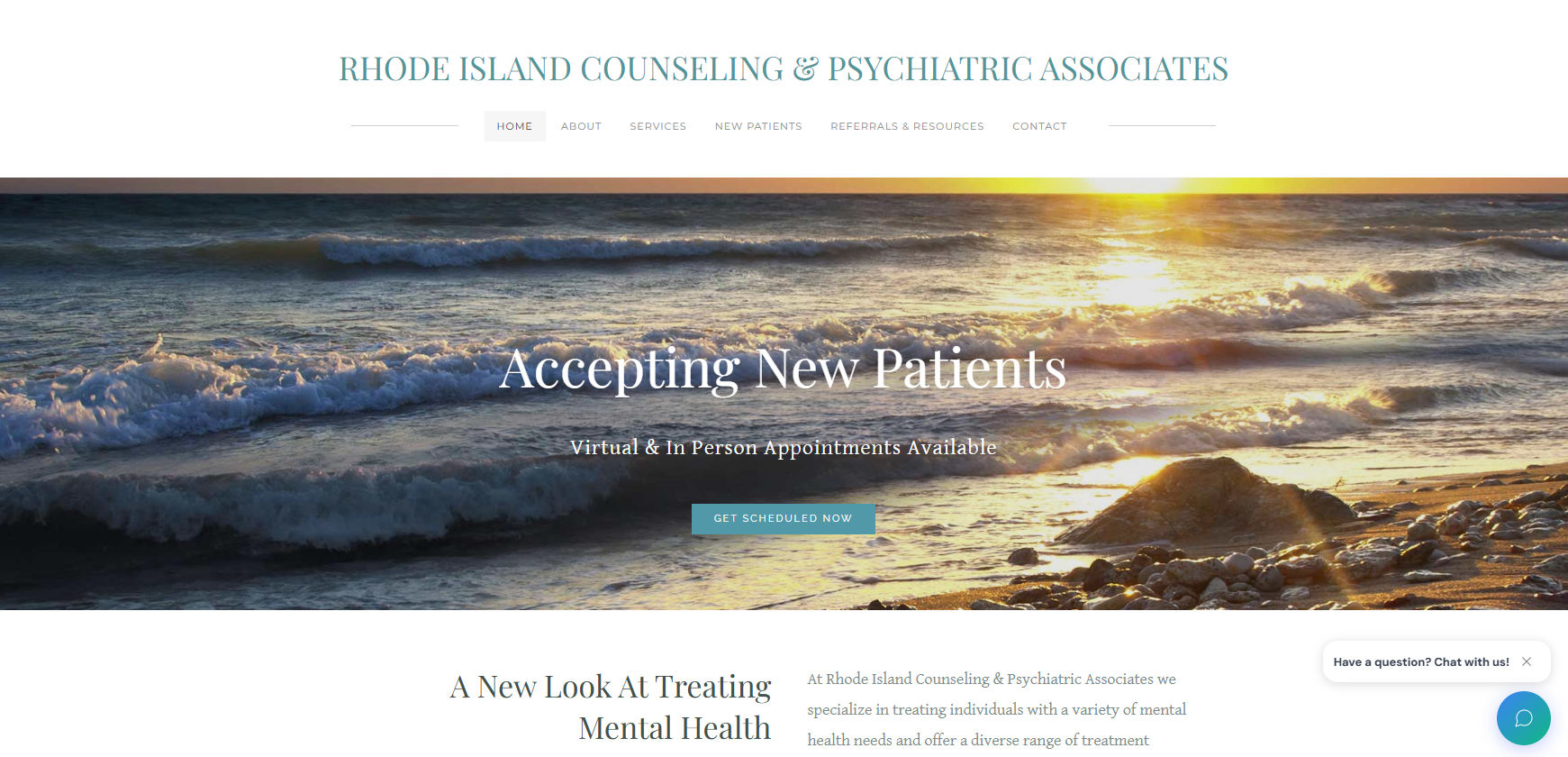 Screenshot of a website homepage for Rhode Island Counseling & Psychiatric Associates featuring a sunset over the ocean, with navigational menu and a call-to-action button.